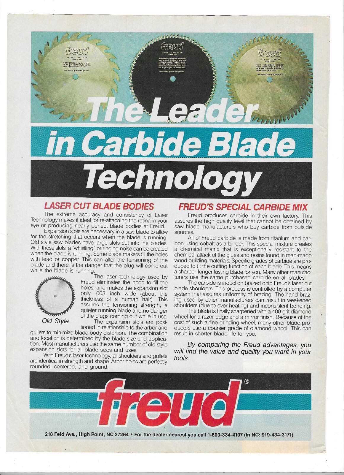 1987 Freud Carbide Blades High Point North Carolina & Vantage Cigarettes Ads