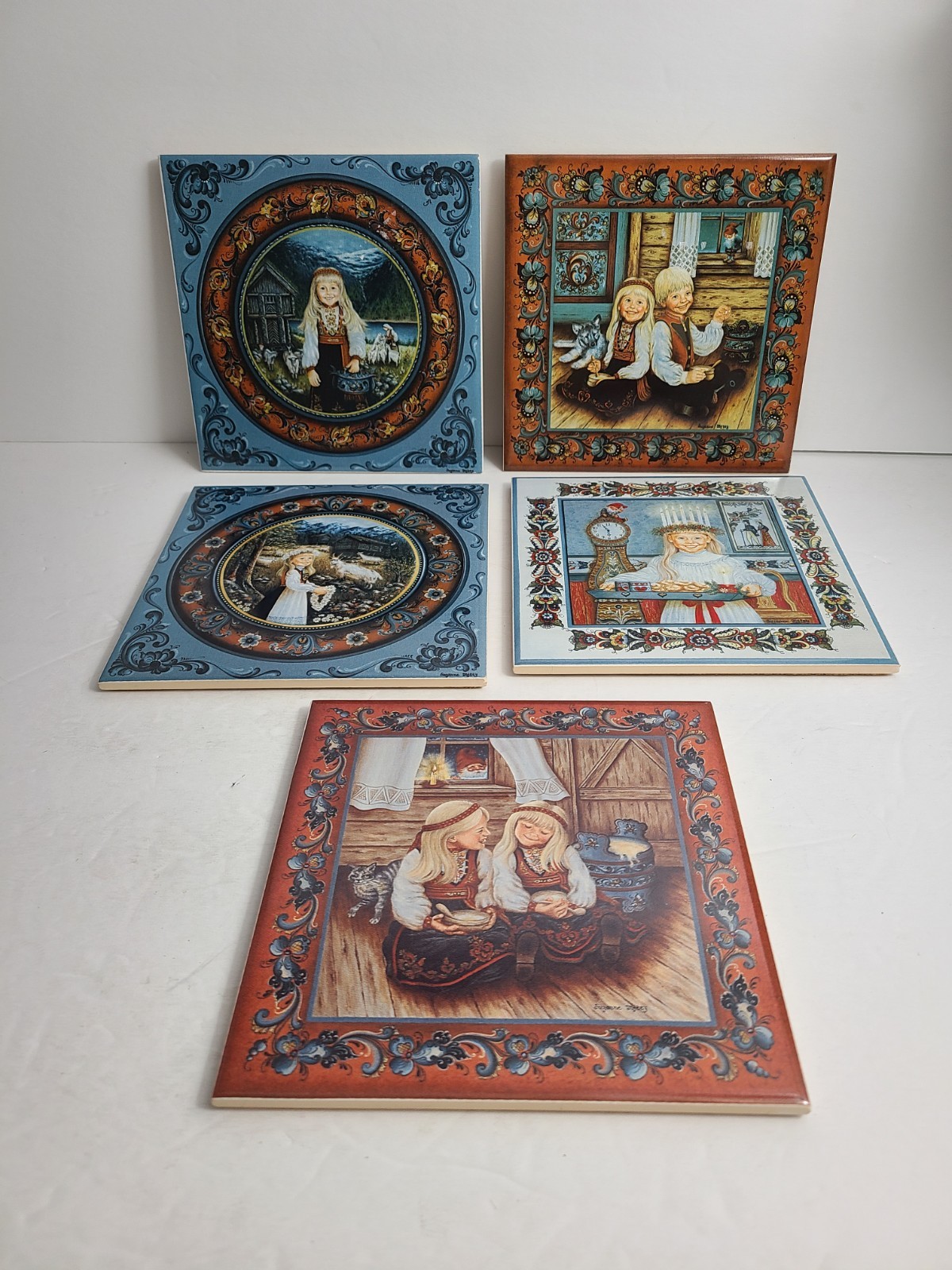 Suzanne Toftey Norwegian Children Square Tiles Floral Set Lot Of 4 Girls Sweet 
