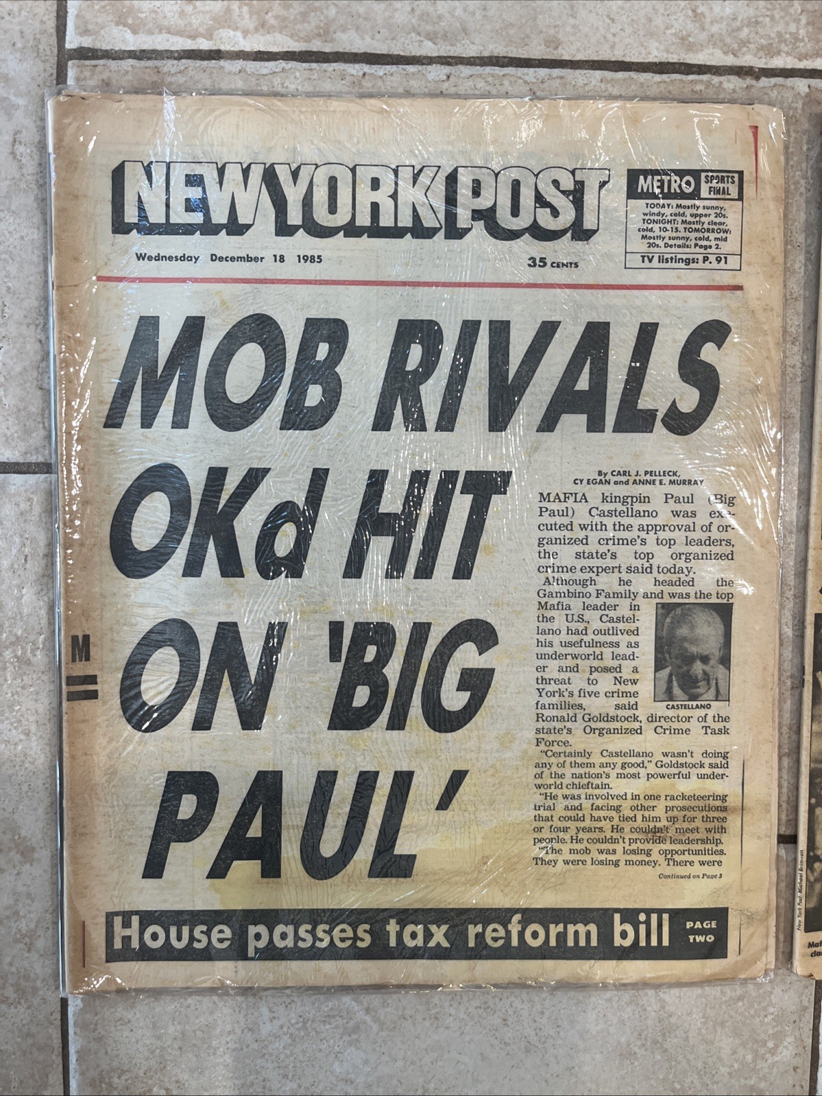 RARE Mafia Boss Paul Castellano 12/18/1985 New York Post “Mob Rivals” Newspaper