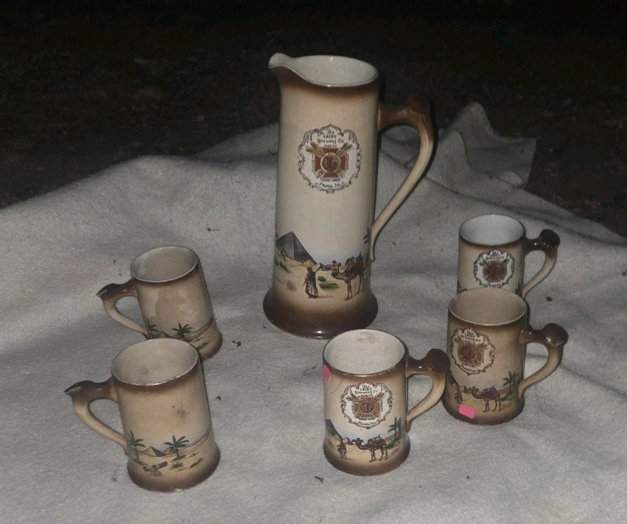 Leisy Brewing Set of 4 Pre-Prohibition Ceramic Mugs and Pitcher - Antique Used