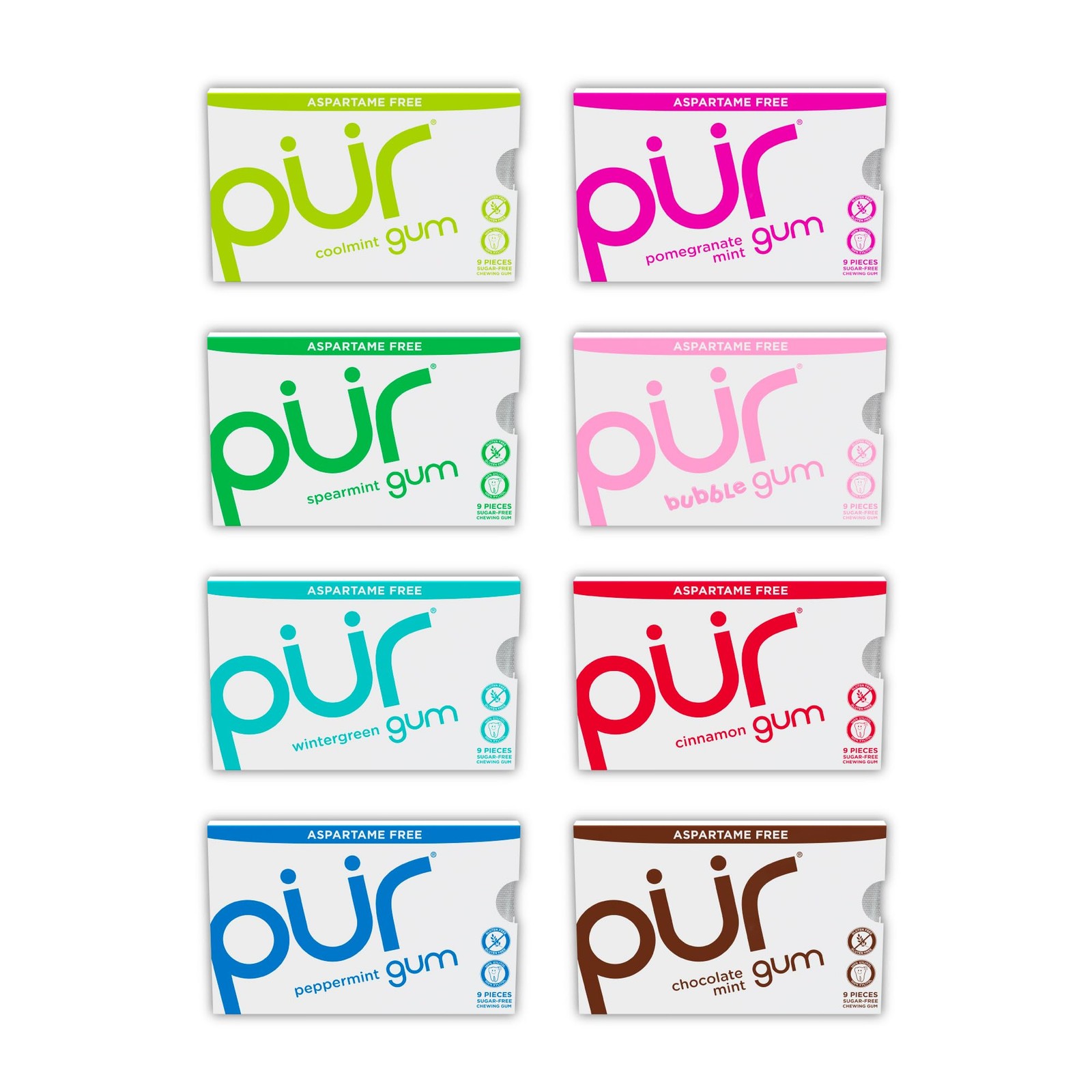 PUR Gum | Aspartame Free Chewing | 100% 9 Count (Pack of 8), Variety