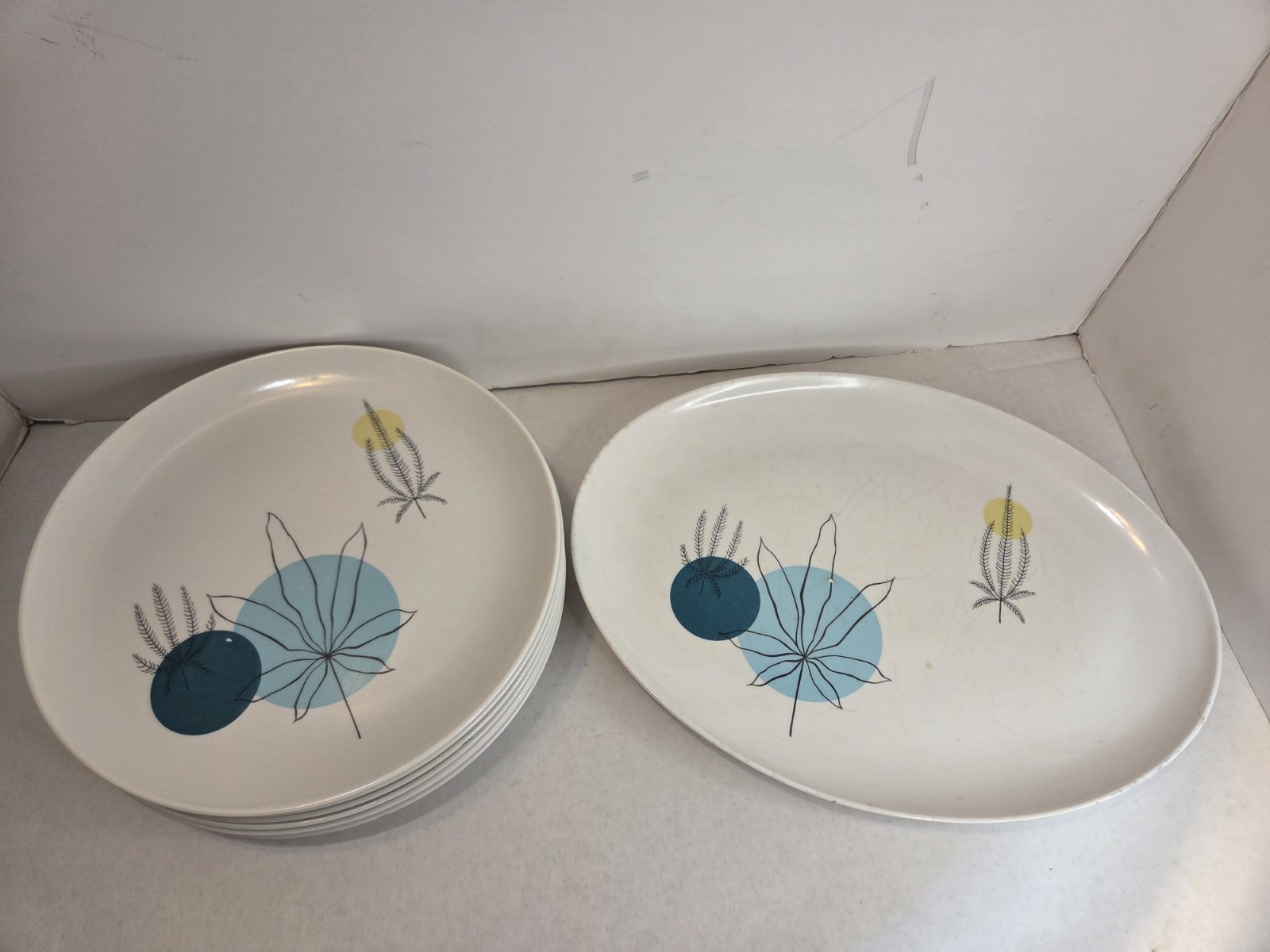 MCM Brookpark Fantasy Line Joan Luntz Turquoise Aqua Melmac 7 Plates 1 Platter