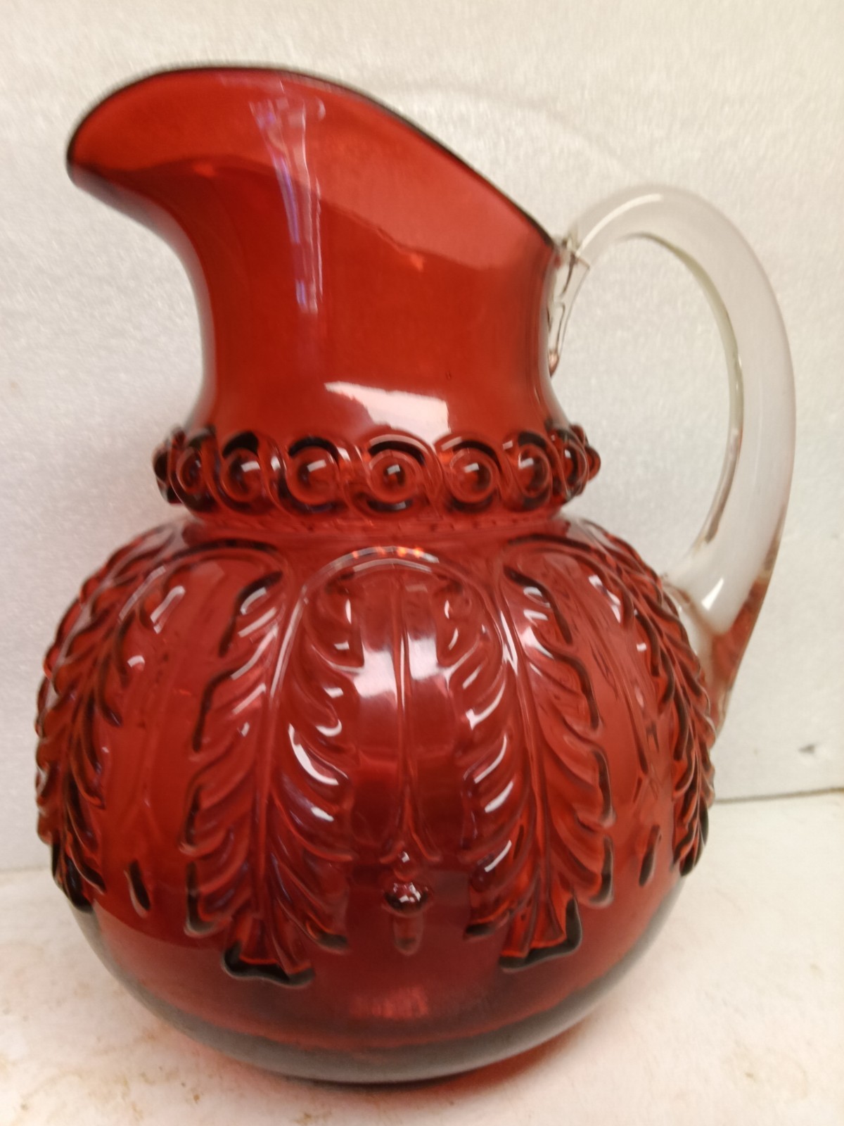 BEAUTIFUL VICTORIAN NORTHWOOD CRANBERRY LEAF UMBRELLA BLOWN PITCHER 1890'S