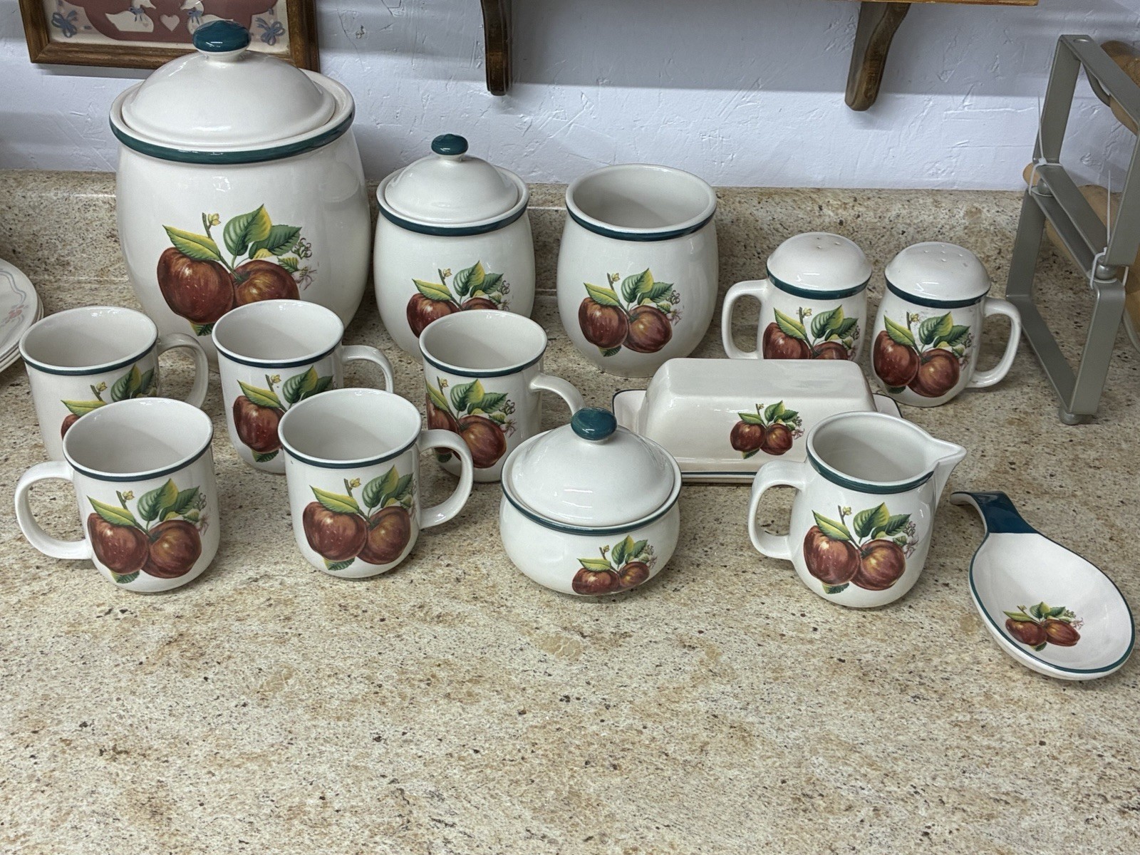 14pc Vintage Casuals By China Pearl Apples Mugs Canisters S&P Shakers Creamer