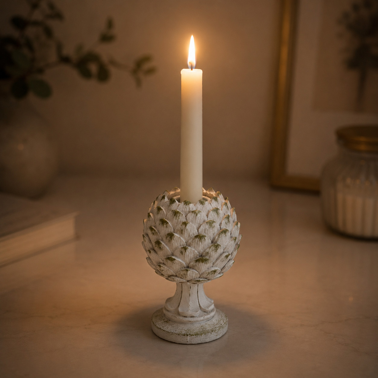 Vintage 1990 Handmade Ceramic Artichoke Taper Candle Holder White Decor 4.5 Inch
