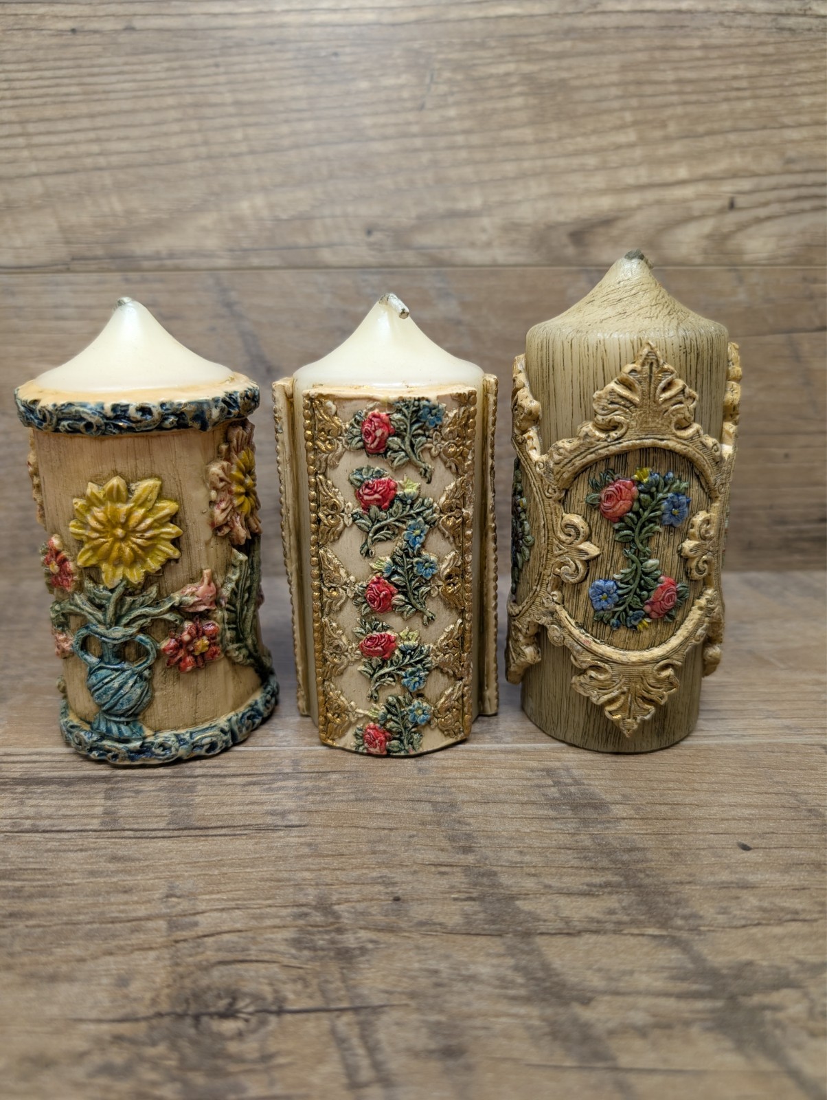 Vintage 1968 German Floral Relief Pillar Candles Set of 3 Unused Made in Germany