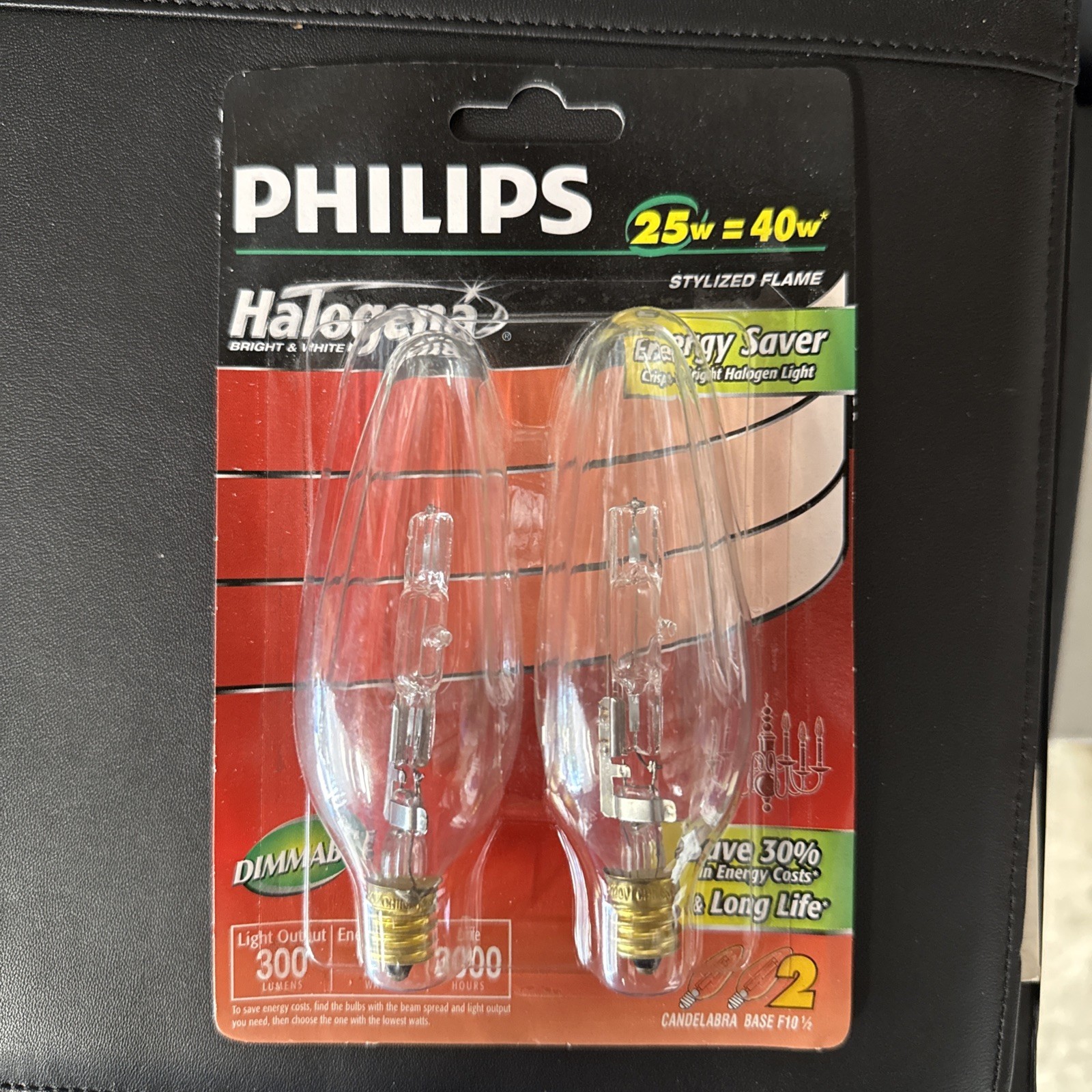 NEW 2 PK PHILIPS 40 Watt STYLIZED FLAME HALOGENA LIGHT BULB CANDELABRA BASE NEW 2 PK PHILIPS 40 Watt STYLIZED FLAME HALOGENA LIGHT BULB CANDELABRA BASE