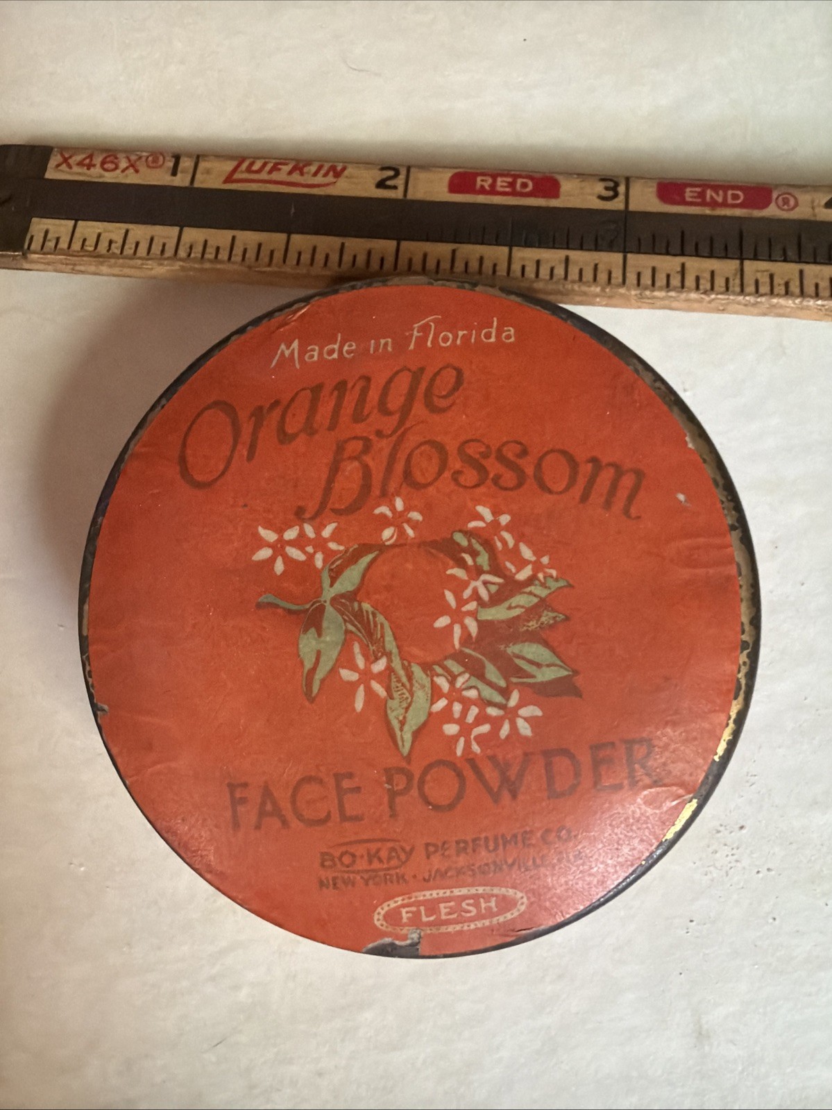 Vintage BO-KAY 1920s-1930s Orange Blossom Face Powder Tin Made In Florida Flesh