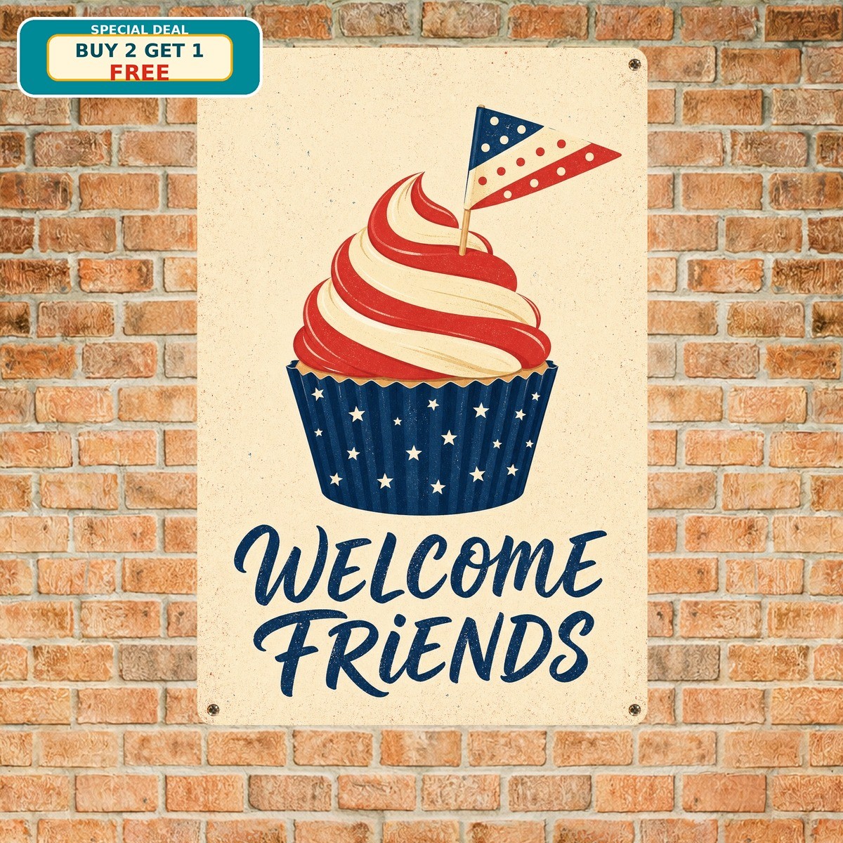 Patriotic Red White Blue Welcome Tin Sign 4th of July Metal Wall Decor
