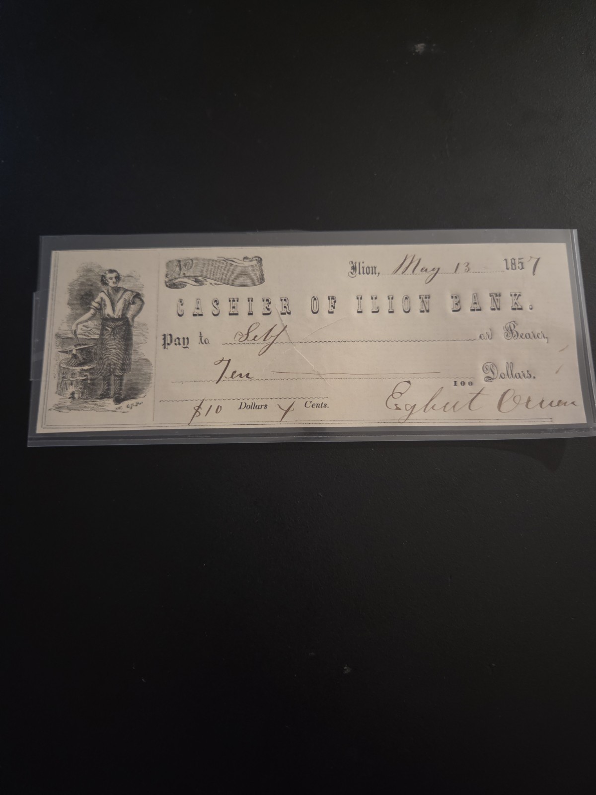 1857 CHECK FROM CASHIER OF ILION BANK, ILION , NY