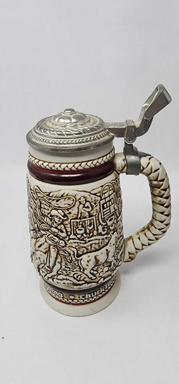 Vintage 1980 Avon Stagecoach Chuck Wagon Stein Ceramarte Pewter Lid Brazil
