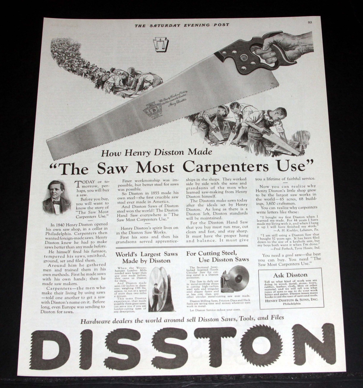1924 OLD MAGAZINE PRINT AD, HENRY DISSTON SAWS, THE SAW MOST CARPENTERS USE
