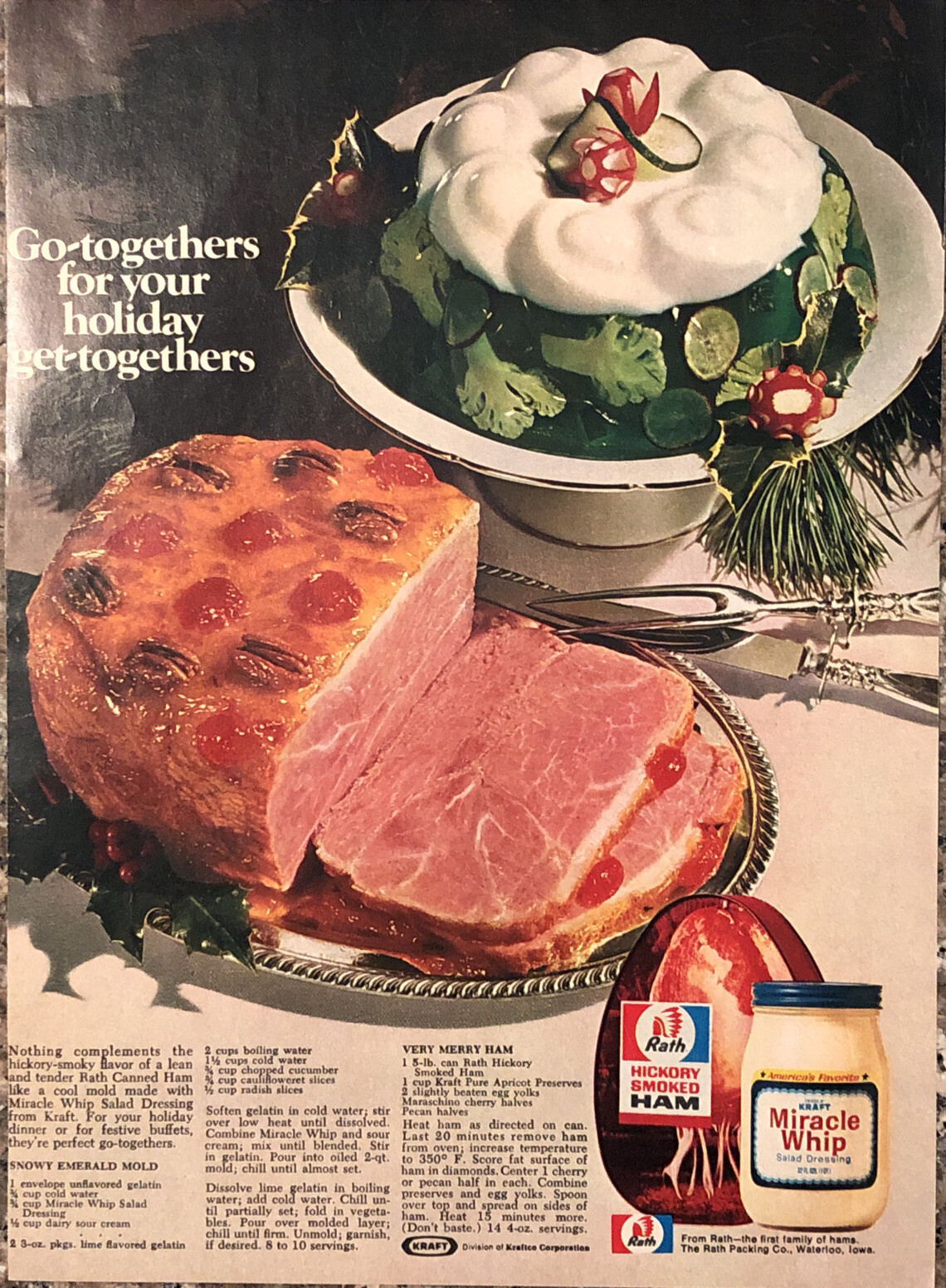 1973 Kraft Miracle Whip & Rath Canned Ham PRINT AD Holiday Recipes VTG 1970s
