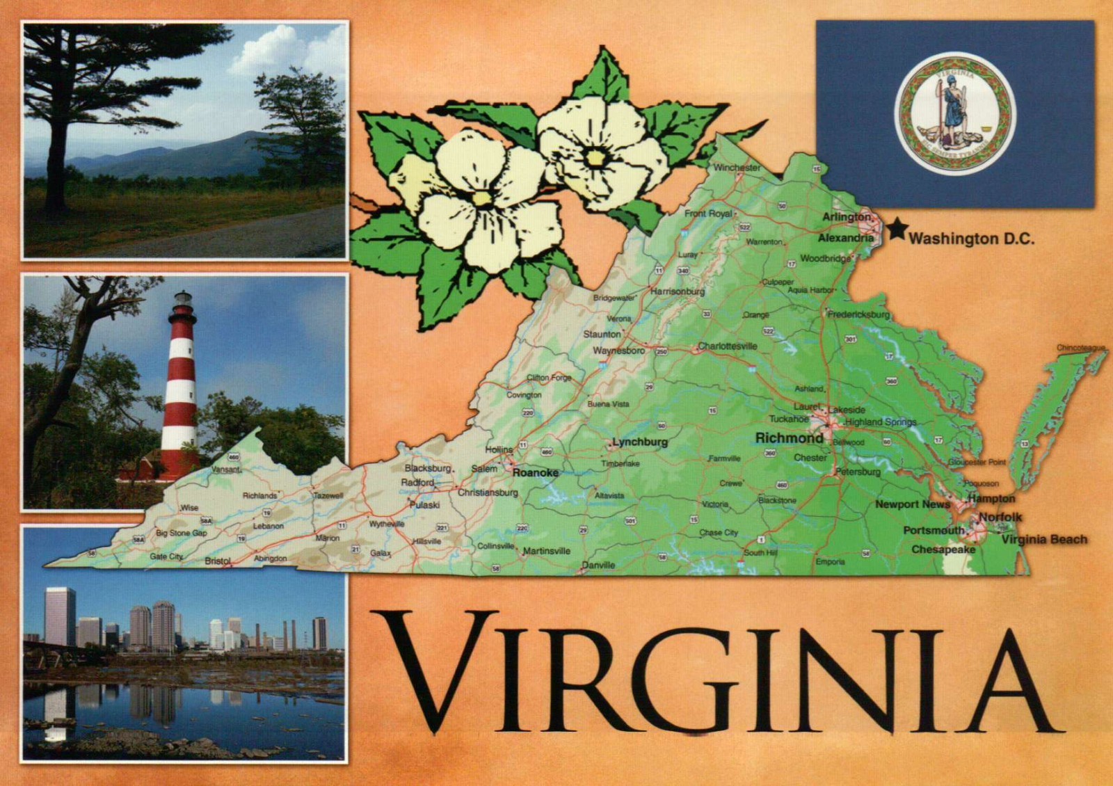 State Map of Virginia, Norfolk, Alexandria, Richmond, Lighthouse etc. - Postcard