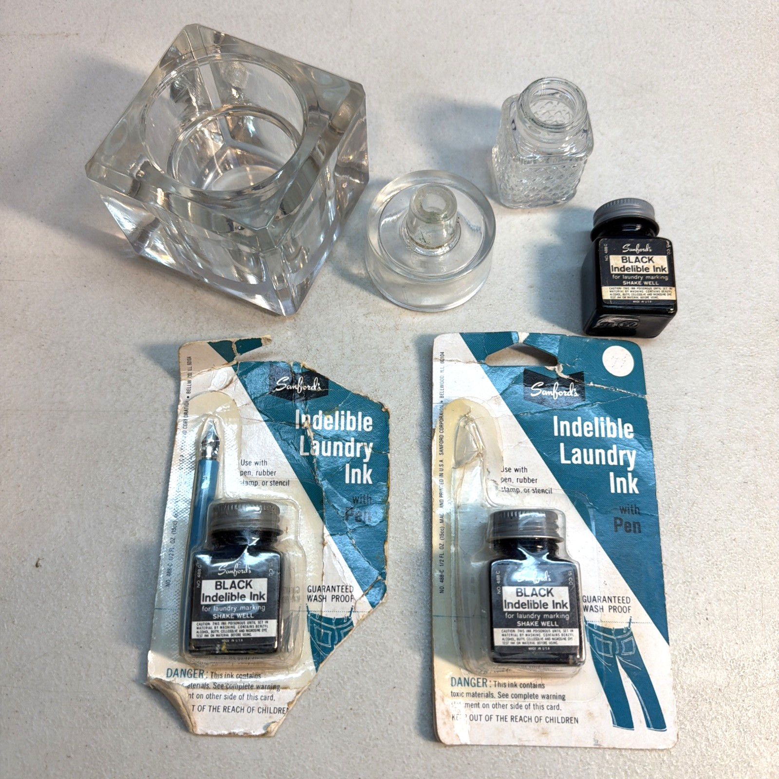Sanford Ink Collection - 1920s Clear Glass Inkwell Set & 1960s Laundry Inks