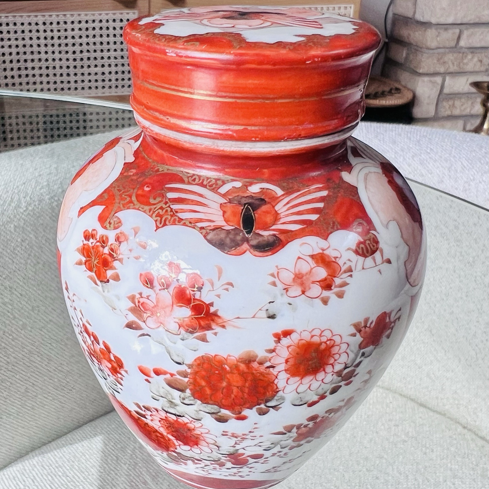 Antique Japanese Kutani Ginger Jar Meiji 1880s Hand Painted Butterflies 3pc