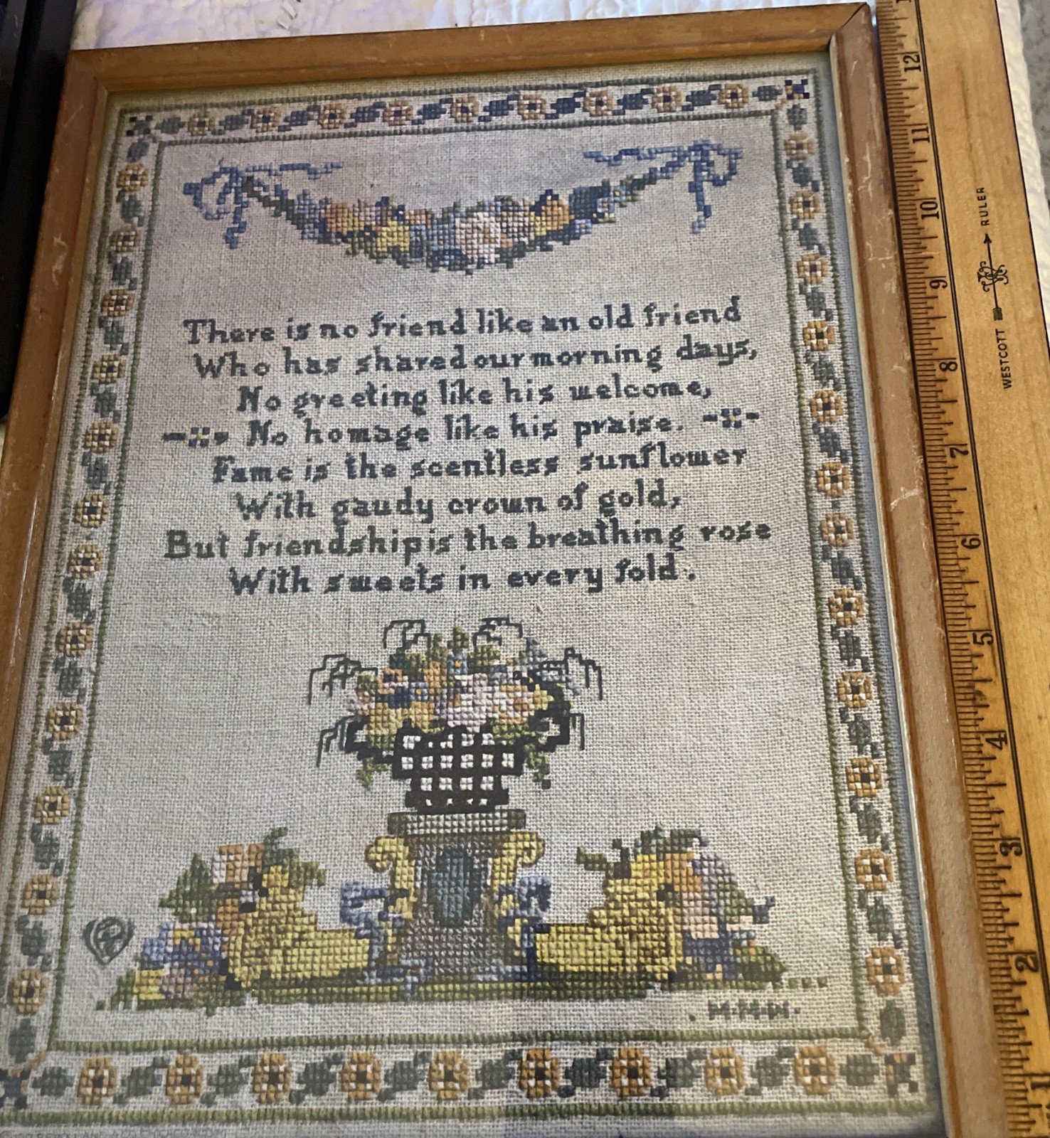 Vintage Emboidered Sampler 13”x 10” Framed 1920’s-1940’s. Colorful