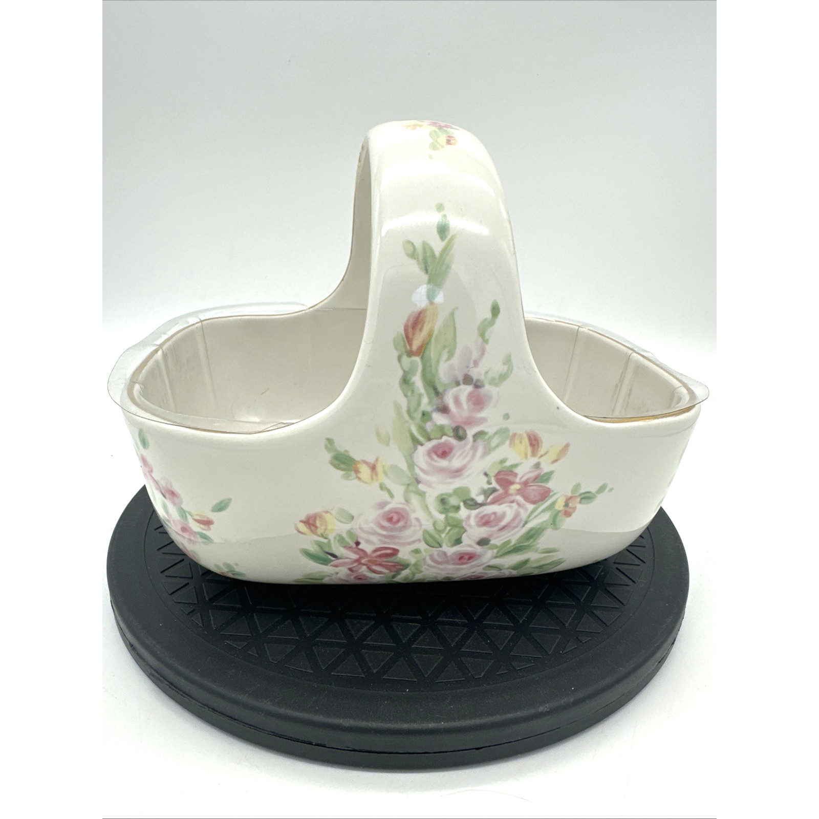 Teleflora Porcelain Basket Planter With Handle Pink Floral Design Plastic Liner