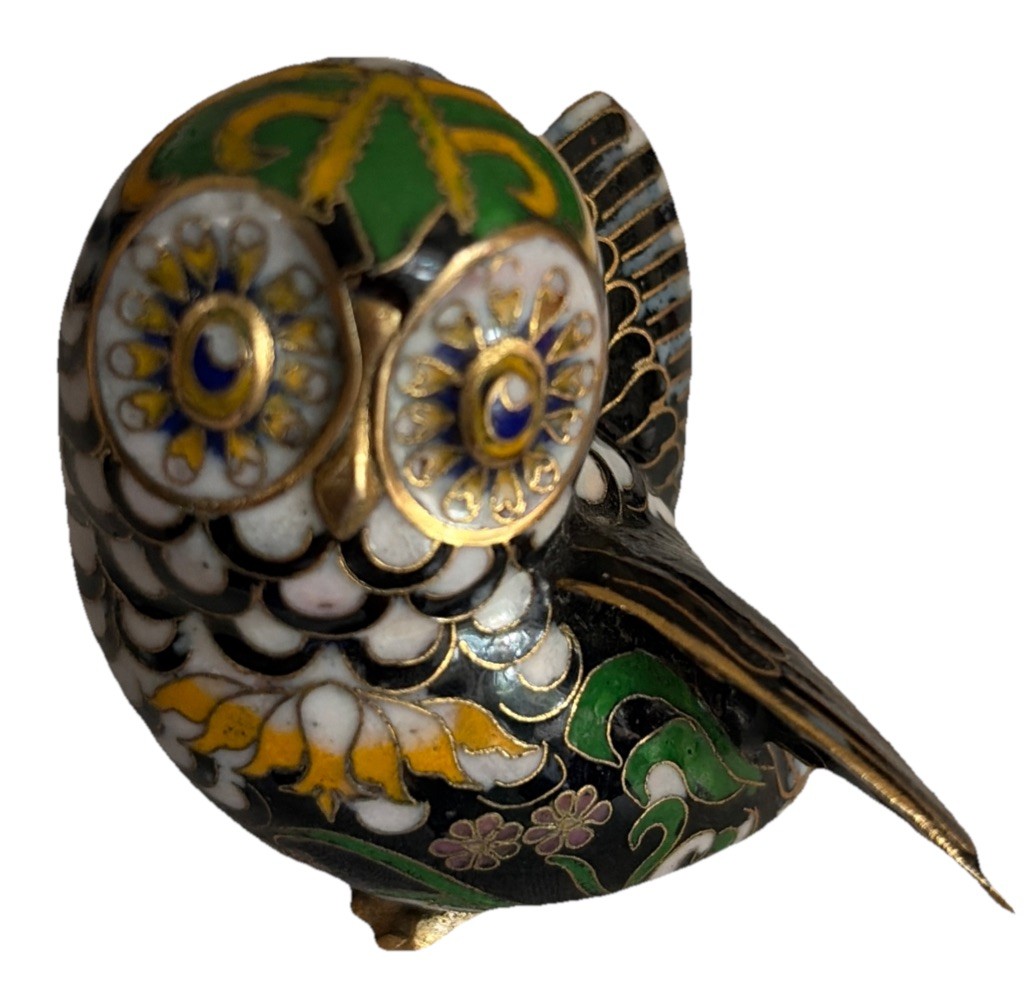 Muscany Owl by House of Fabergé Franklin Mint Cloissone Vintage 1990s 22k 3”x 3”