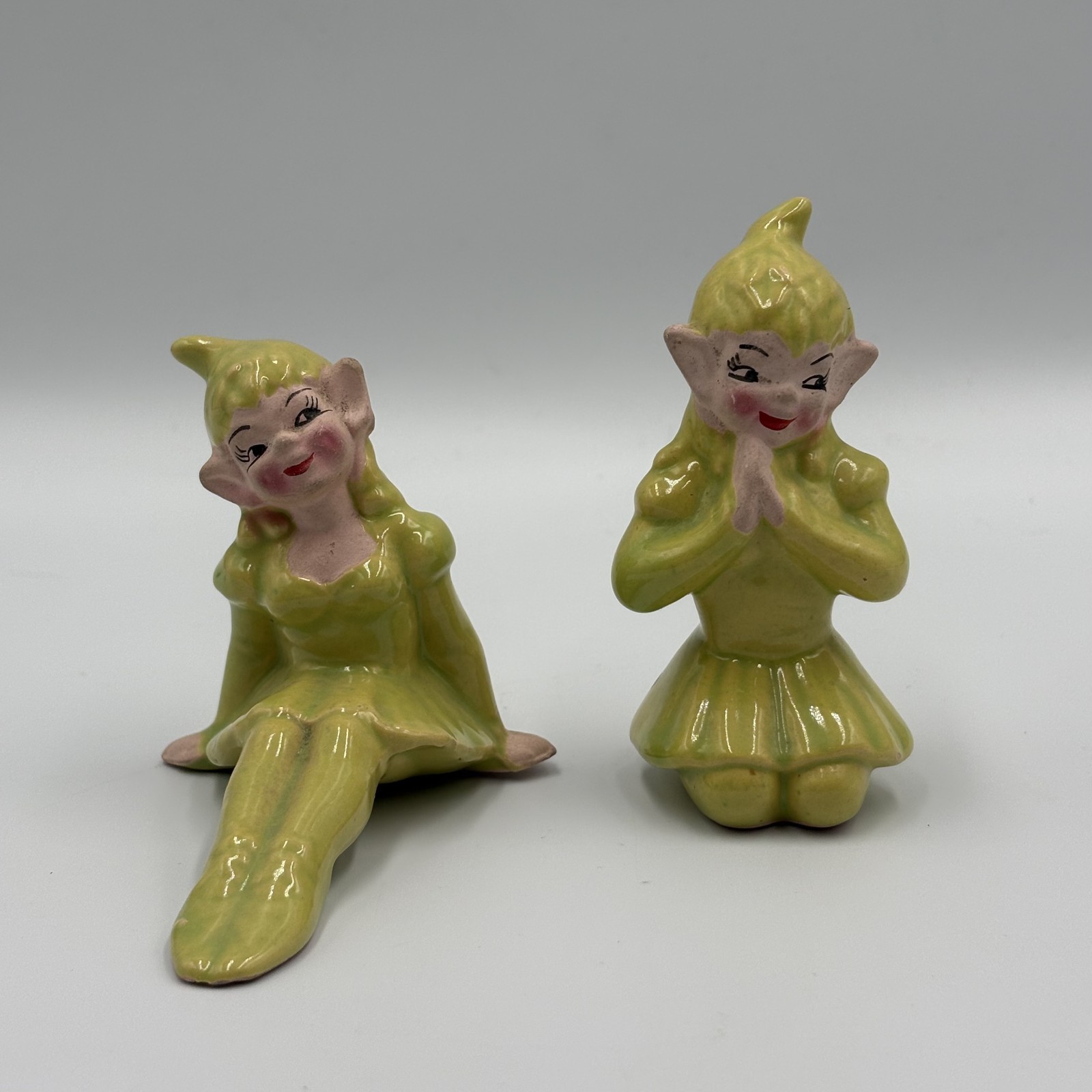 Vtg Gilner Elf Pixie Figurines Pair Chartreuse Lime Green Ceramic MCM Kitsch 50s