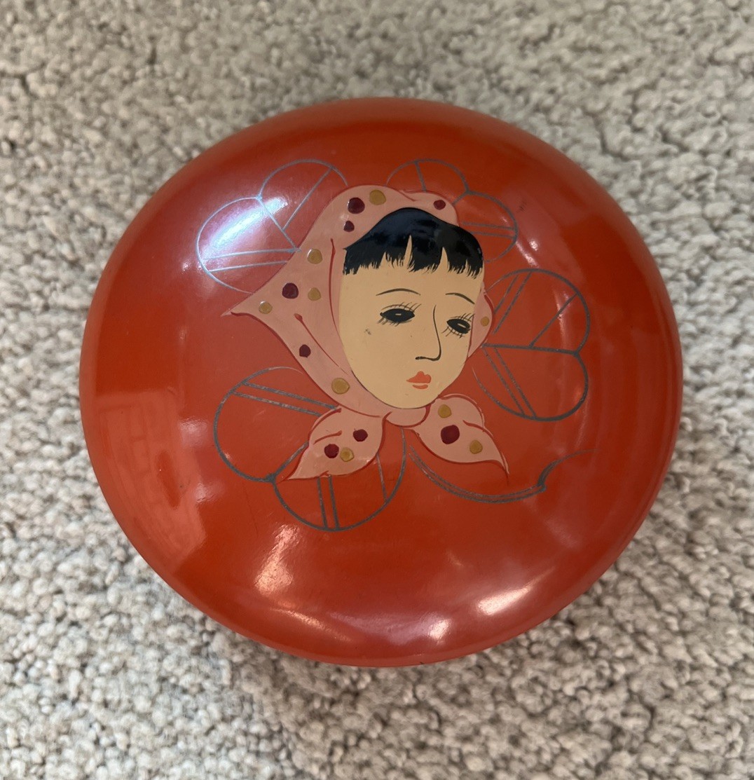 Vintage Japanese Lacquerware Trinket Box. Hand-painted Showa Girl with Kerchief.