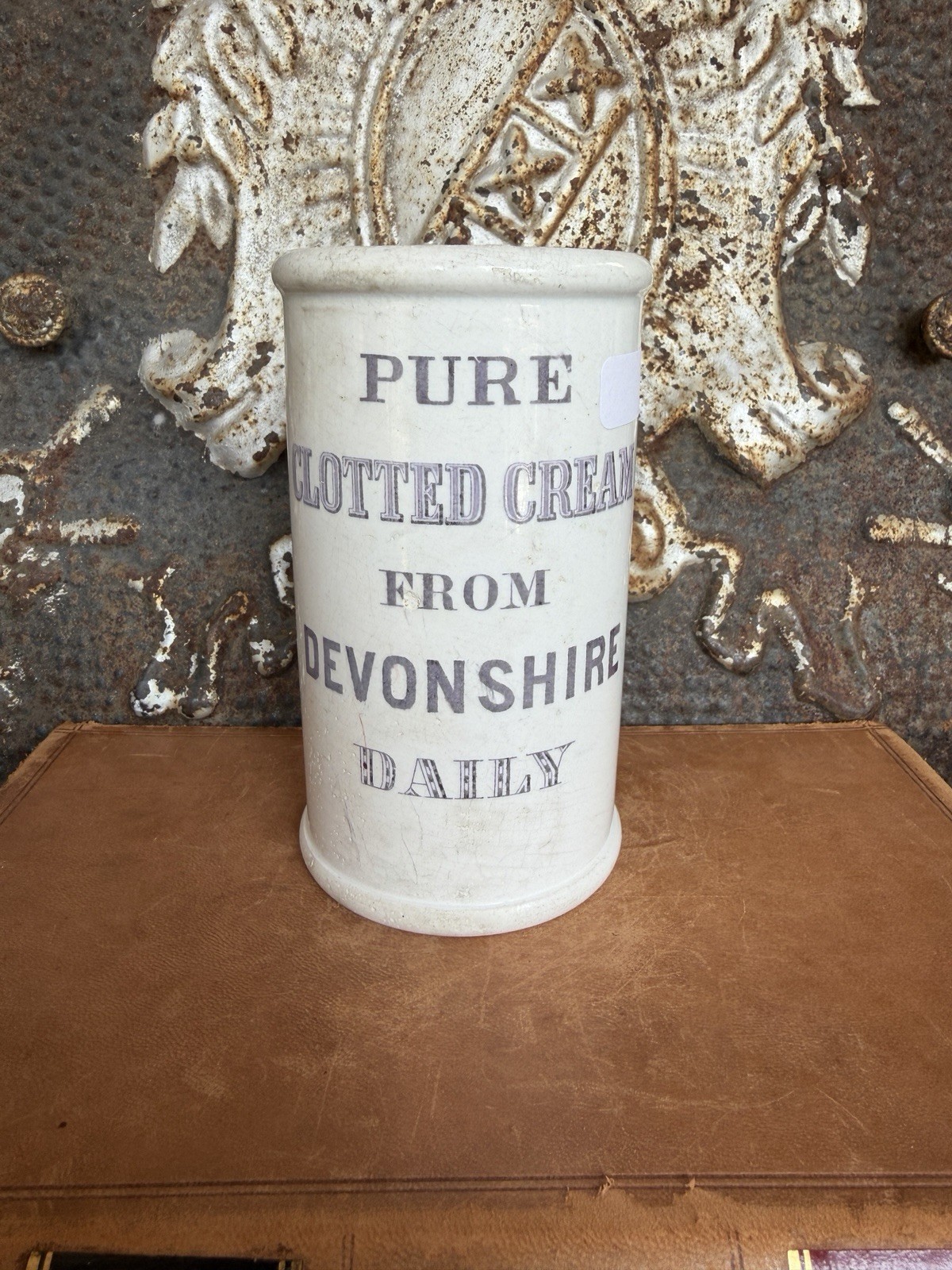 Antique Pure Clotted Cream Devonshire English Advertising Pot, c1890 Rare Purple