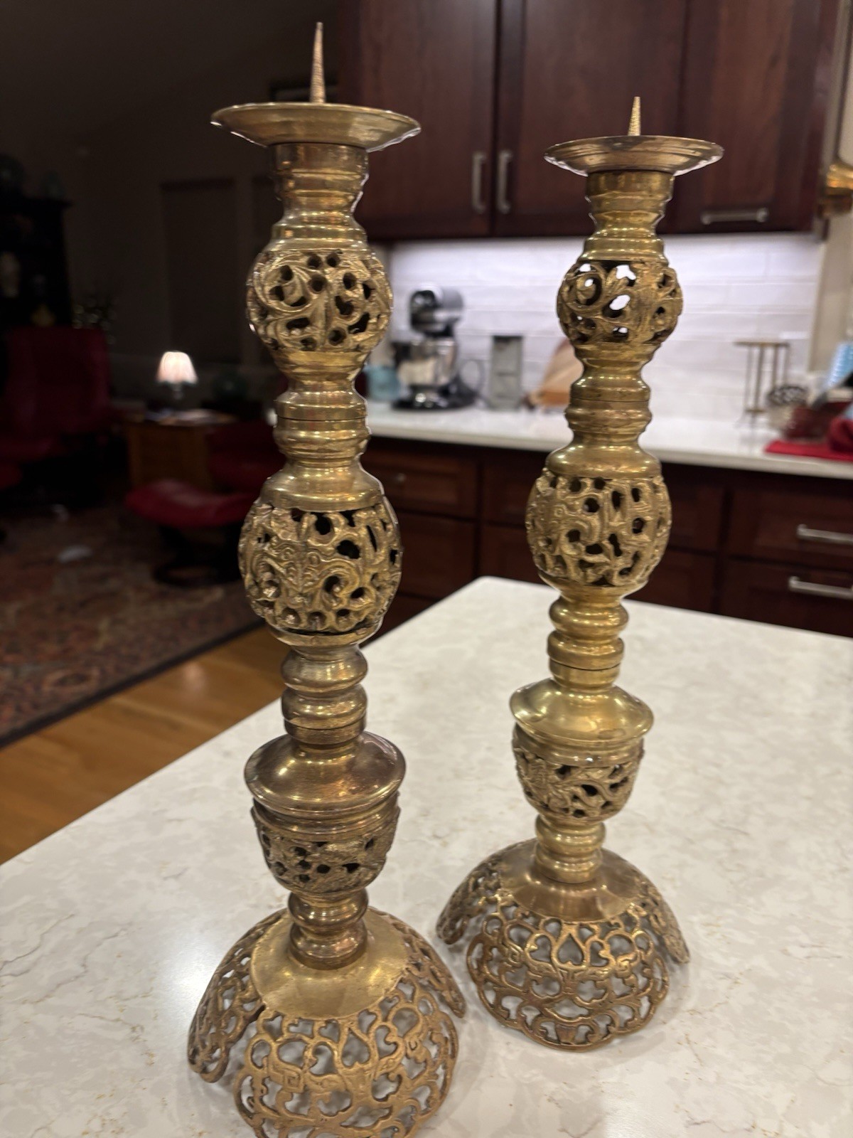 Vintage James Mont Style Brass Ornate Filigree Pillar Mid Century Candle Holders