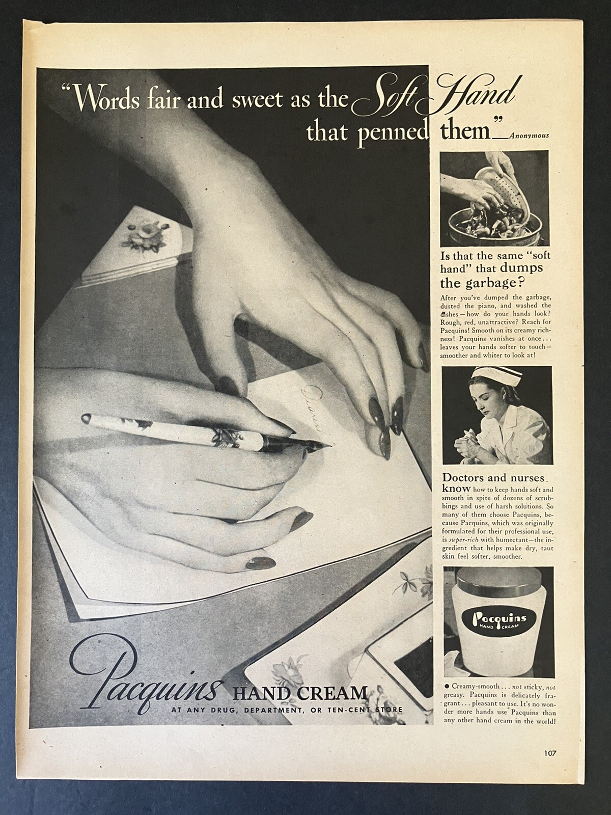 1946 Pacquin\'s Hand Cream Words Fair and Sweet Soft Hand Vintage Print Ad