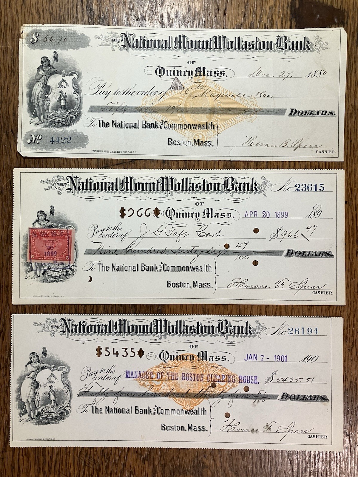 THREE- 1880-90 Era Checks - Signed by Politician HORACE B. SPEAR - Quincy, Mass.