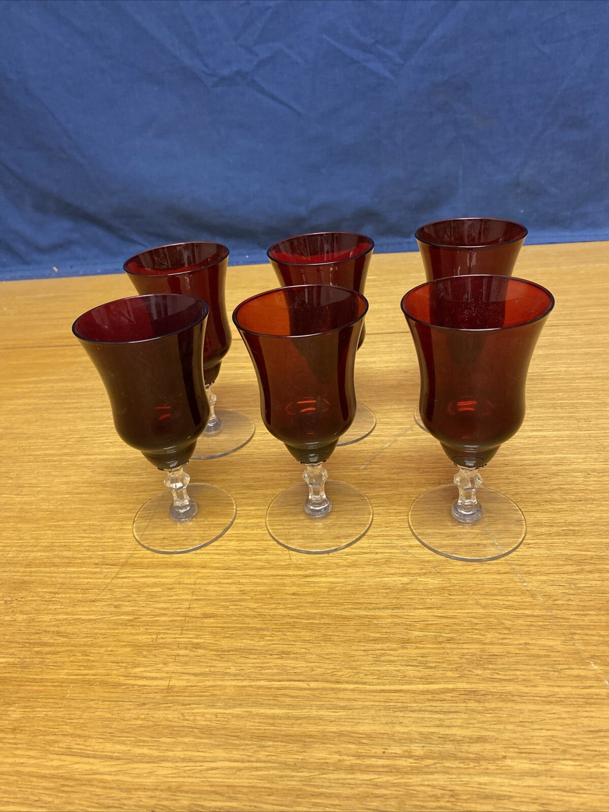 6 Ruby Red & Clear 5 1/4” Wine Glasses