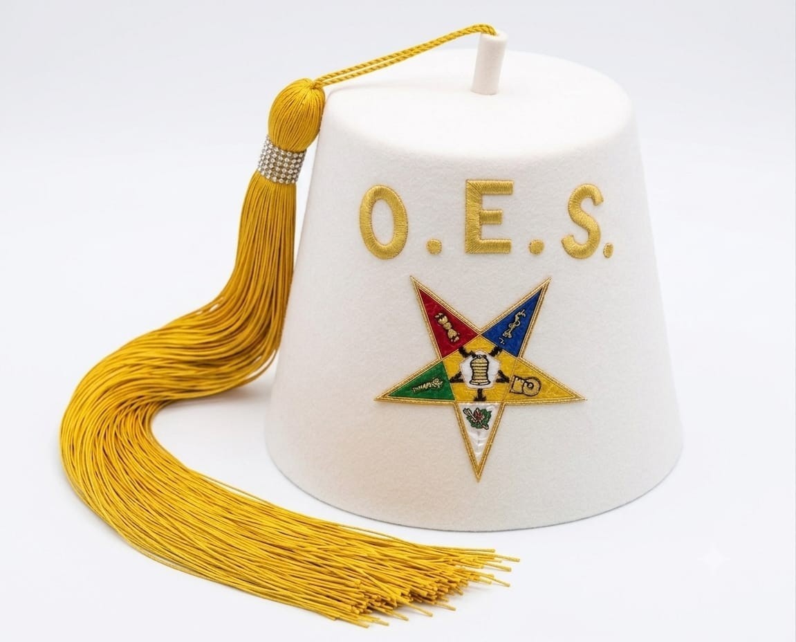 OES Fez Hat Off White Yellow Tassel Order Eastern Star Masonic Regalia OES Fez Hat Off White Yellow Tassel Order Eastern Star Masonic Regalia