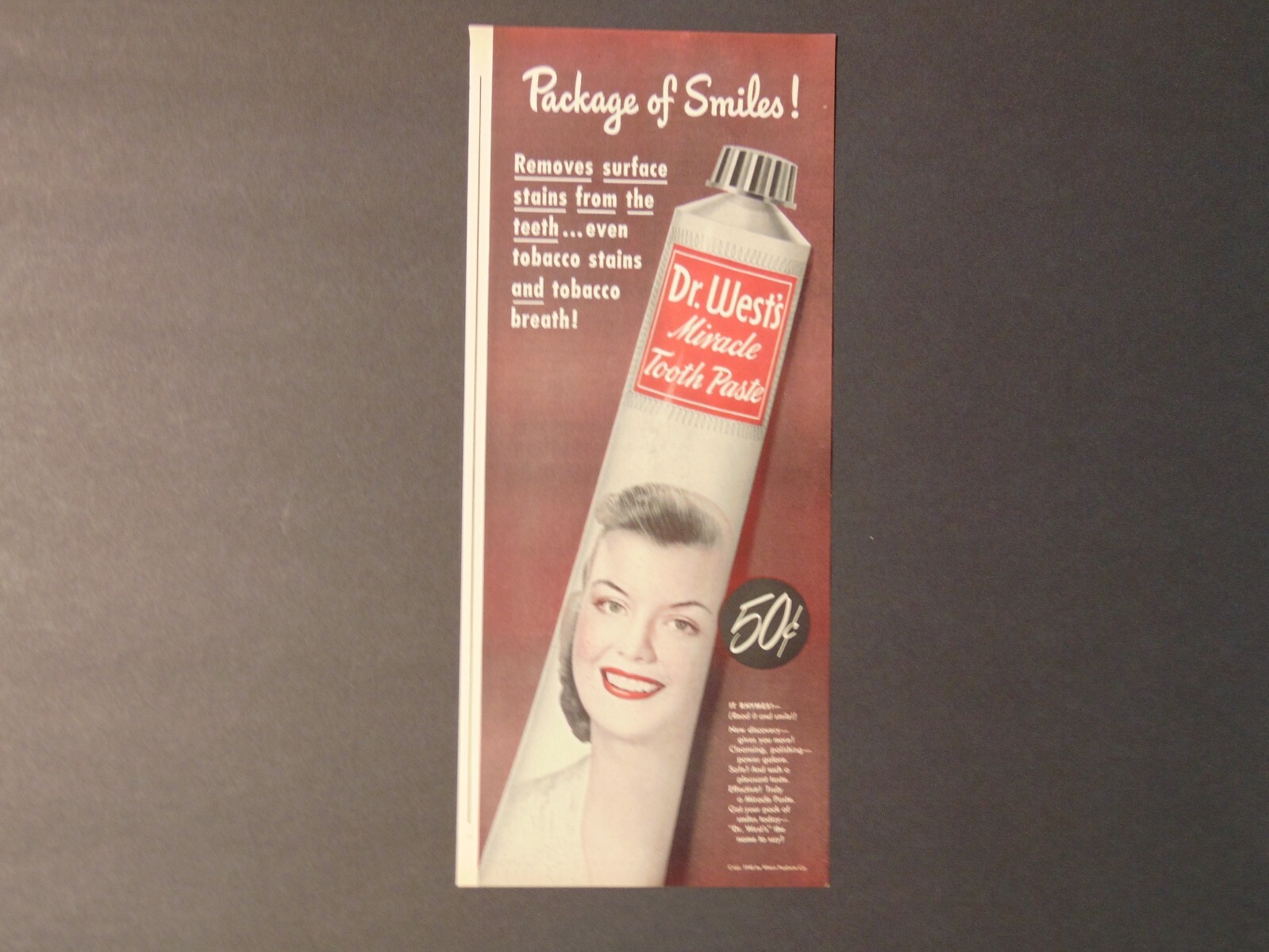 1948 DR. WEST\'S MIRACLE TOOTH PASTE  A Package of Smiles vintage art print ad