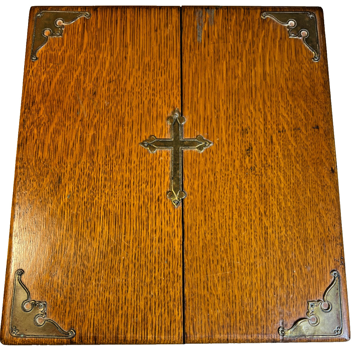 Antique oak devotional chapel box brass cross applique altar set case c1900