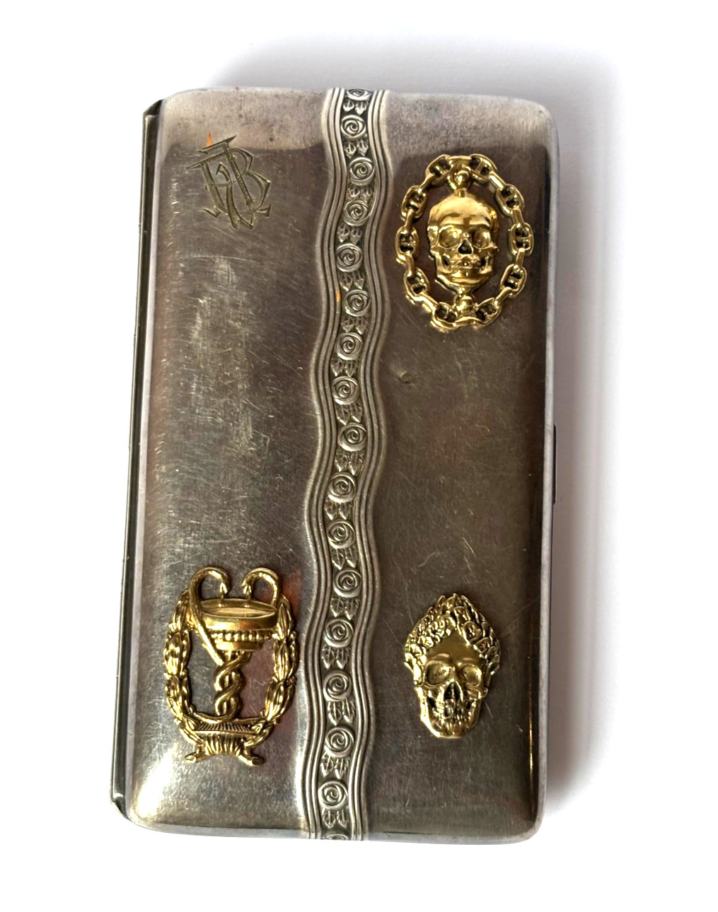 Vintage Rare Memento Mori Skulls Solid Silver Gilded Hand curved Cigarette Box