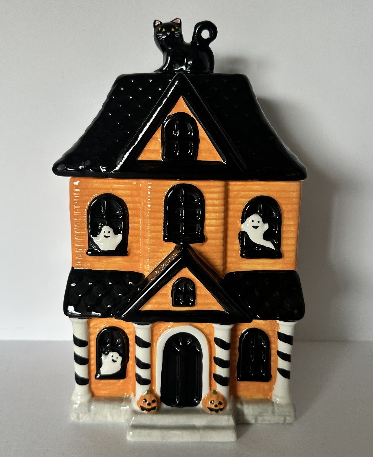 Jack Lantern Lane Haunted House Ghost Cat Halloween Ceramic Cookie Jar