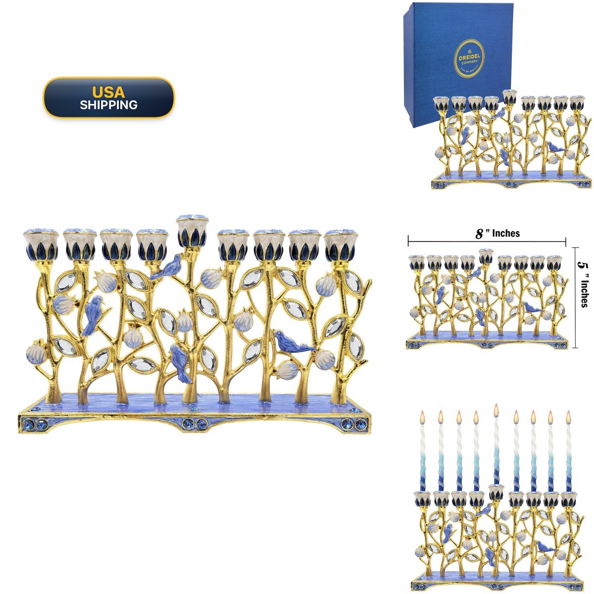 The Dreidel Company Hanukkah Menorah Pomegranate & Blue Bird 9 Branch 12\