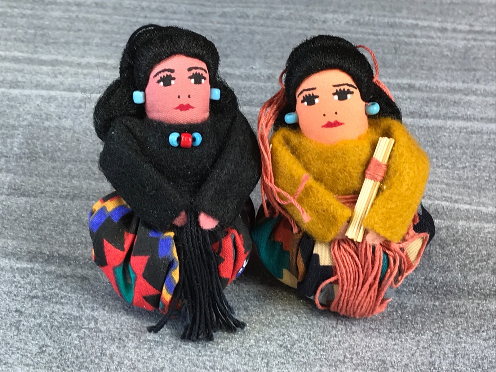 2 Vintage Native American Folk Art Navajo Signed T. NEZ Cloth Doll Ornaments 3\
