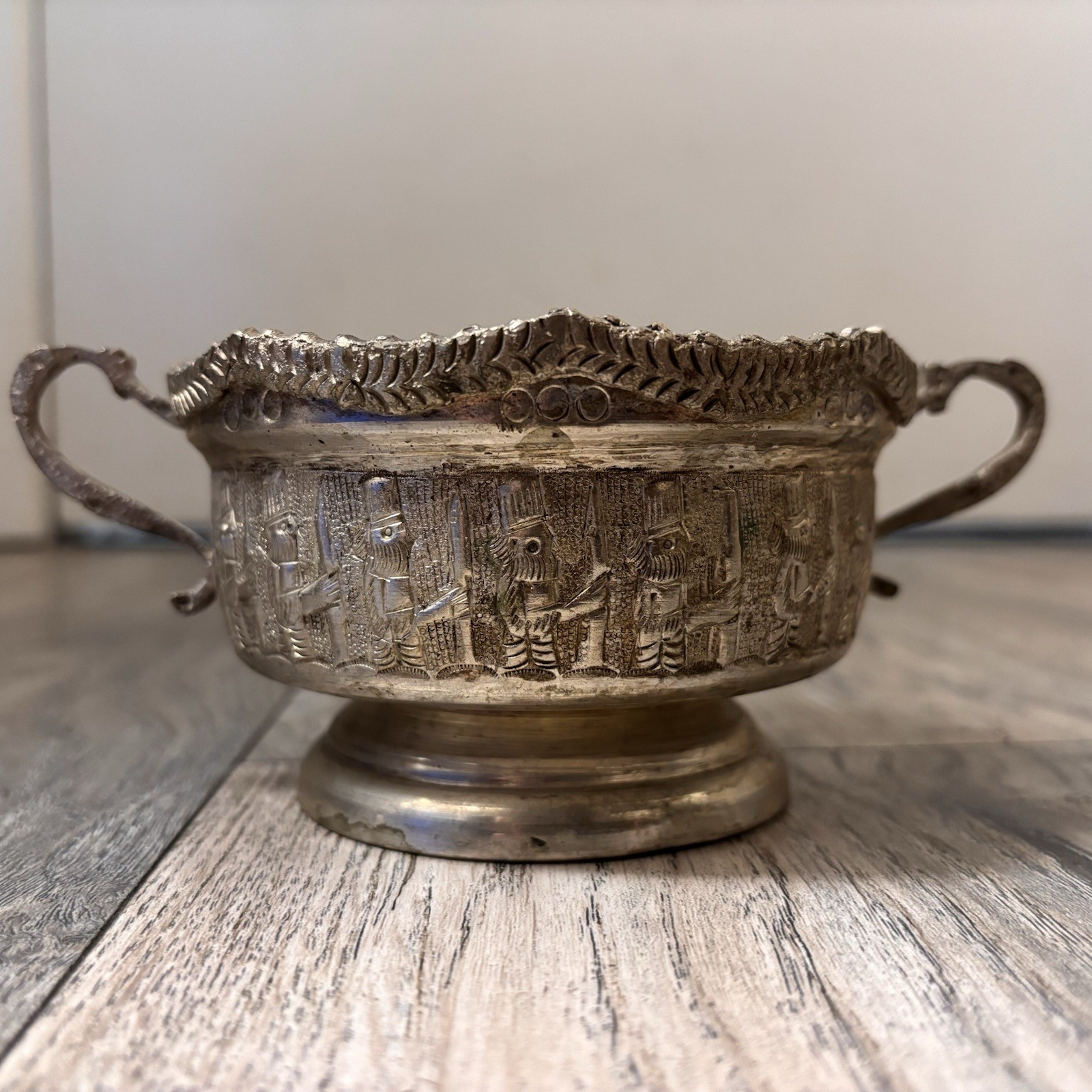 Antique Persian Silverplated? Two Handled Bowl Repousse Figural Soldier