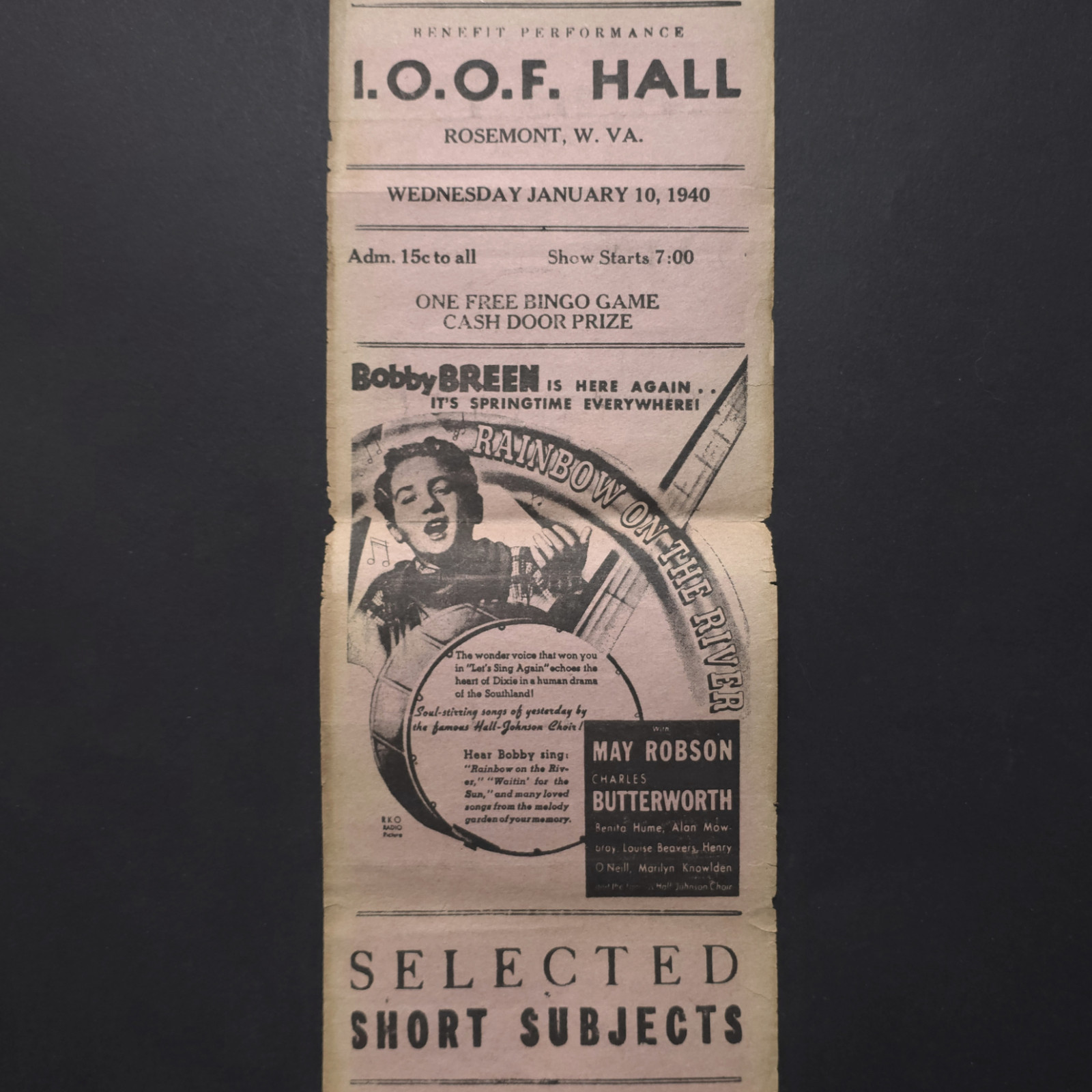 I.O.O.F. Hall Rosemont WV Rainbow on the River Bobby Breen 1940 Movie Herald Vtg