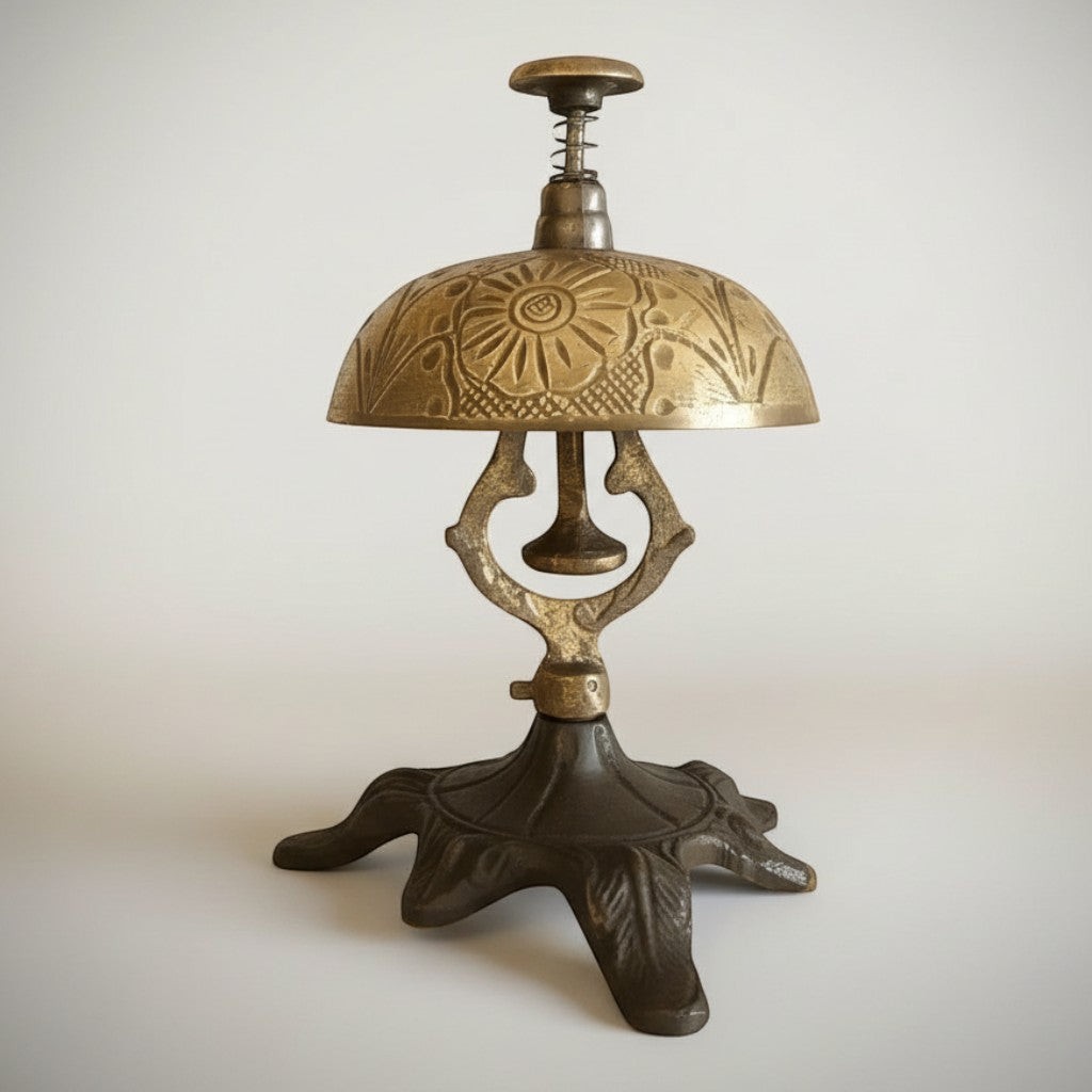 Floral Engraved Solid Brass Hotel Desk Bell on Stand