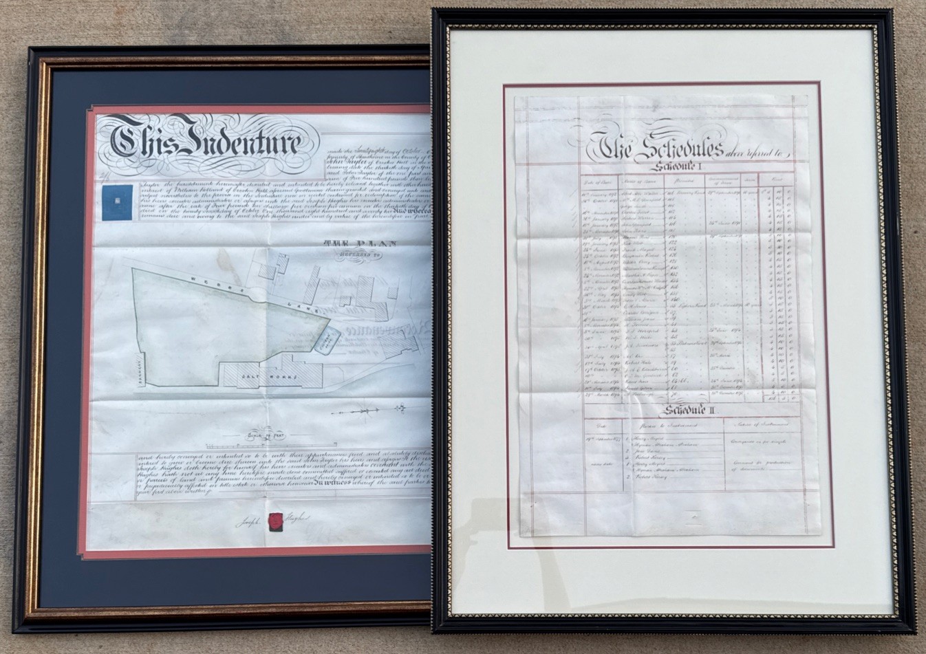 1879 British Indenture & Schedules Set w/ Wax Seals & Property Map – Framed