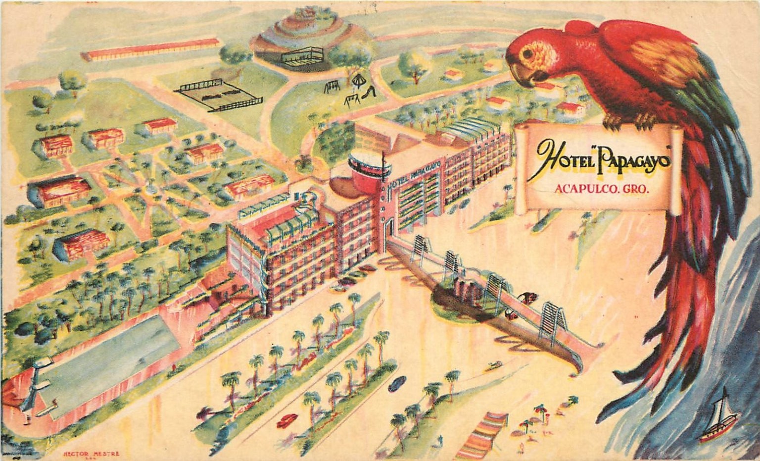 Vintage HOTEL PAPAGAYO Acapulco Mexico Postcard Aerial View Parrot Art 1940s Vintage HOTEL PAPAGAYO Acapulco Mexico Postcard Aerial View Parrot Art 1940s