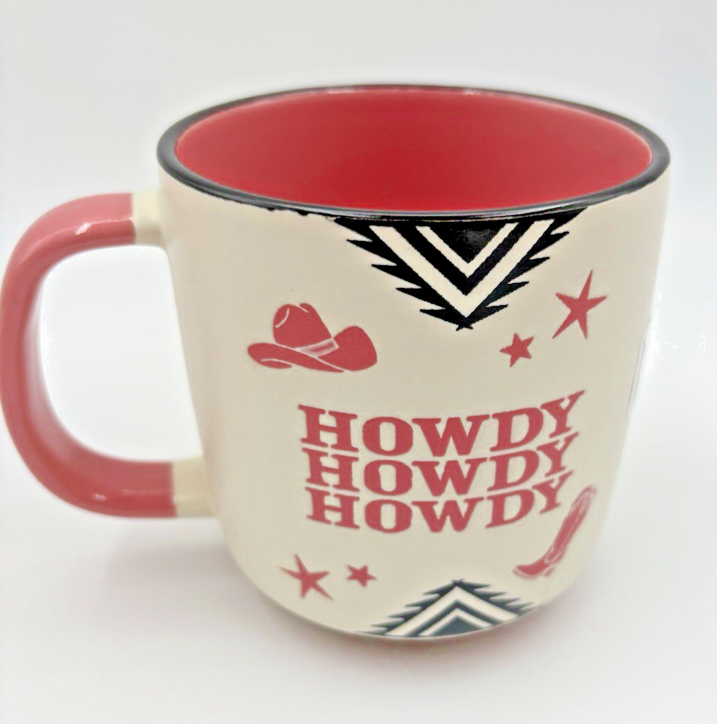 HOWDY HOWDY HOWDY Pink Cowgirl Hat Ceramic Mug NEW