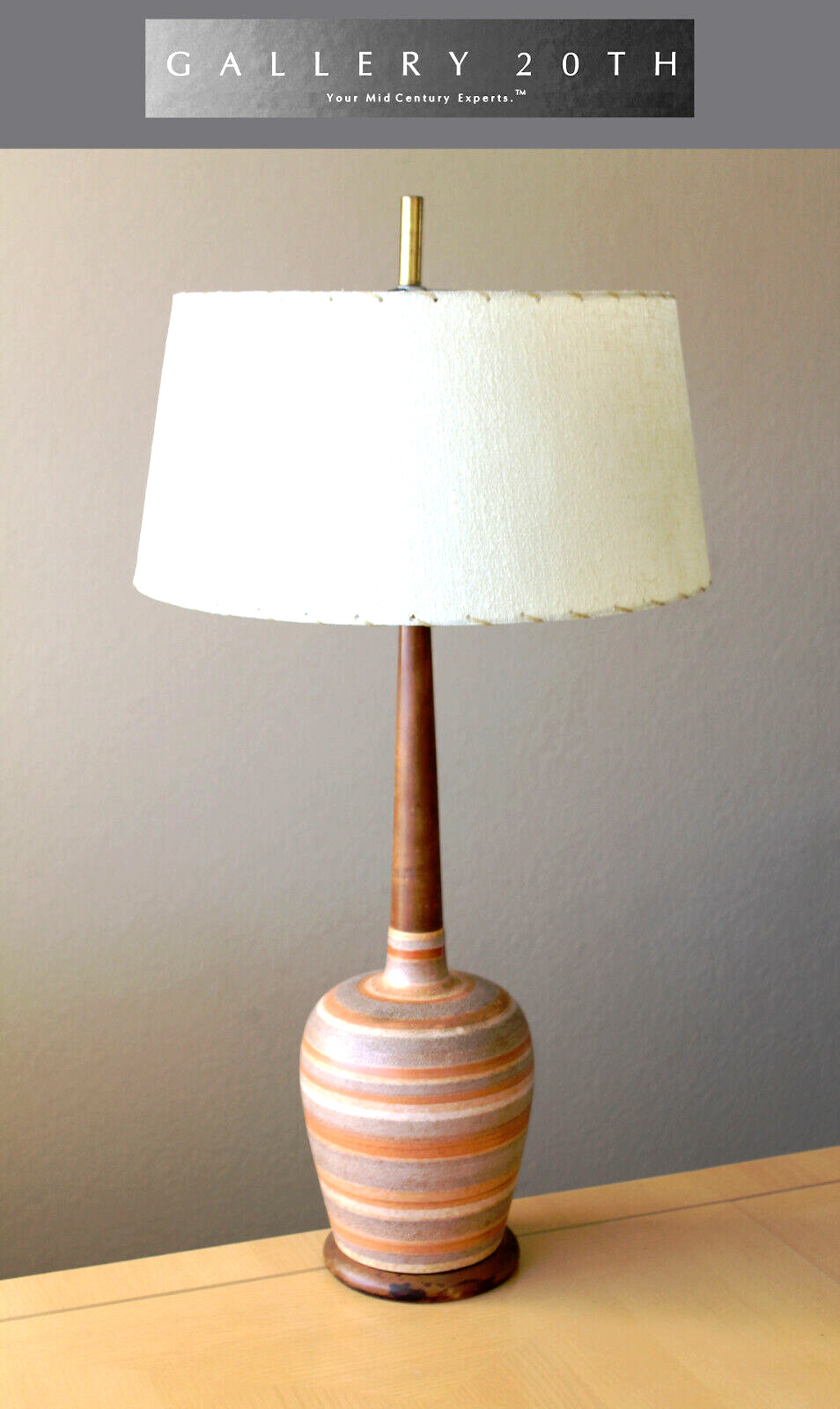 A BEAUTY MID CENTURY DANISH MODERN ORANGE STRIPED POTTERY LAMP 50\'S VTG ATOMIC
