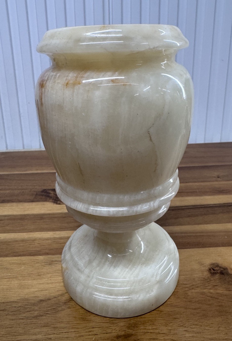 Vintage Hand-Carved White Banded Onyx Alabaster Stone Pedestal  Vase