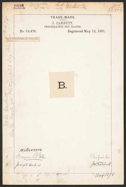 Photo:J Carbutt B Brand Photographic Dry Plates Trademark 1891 Patent