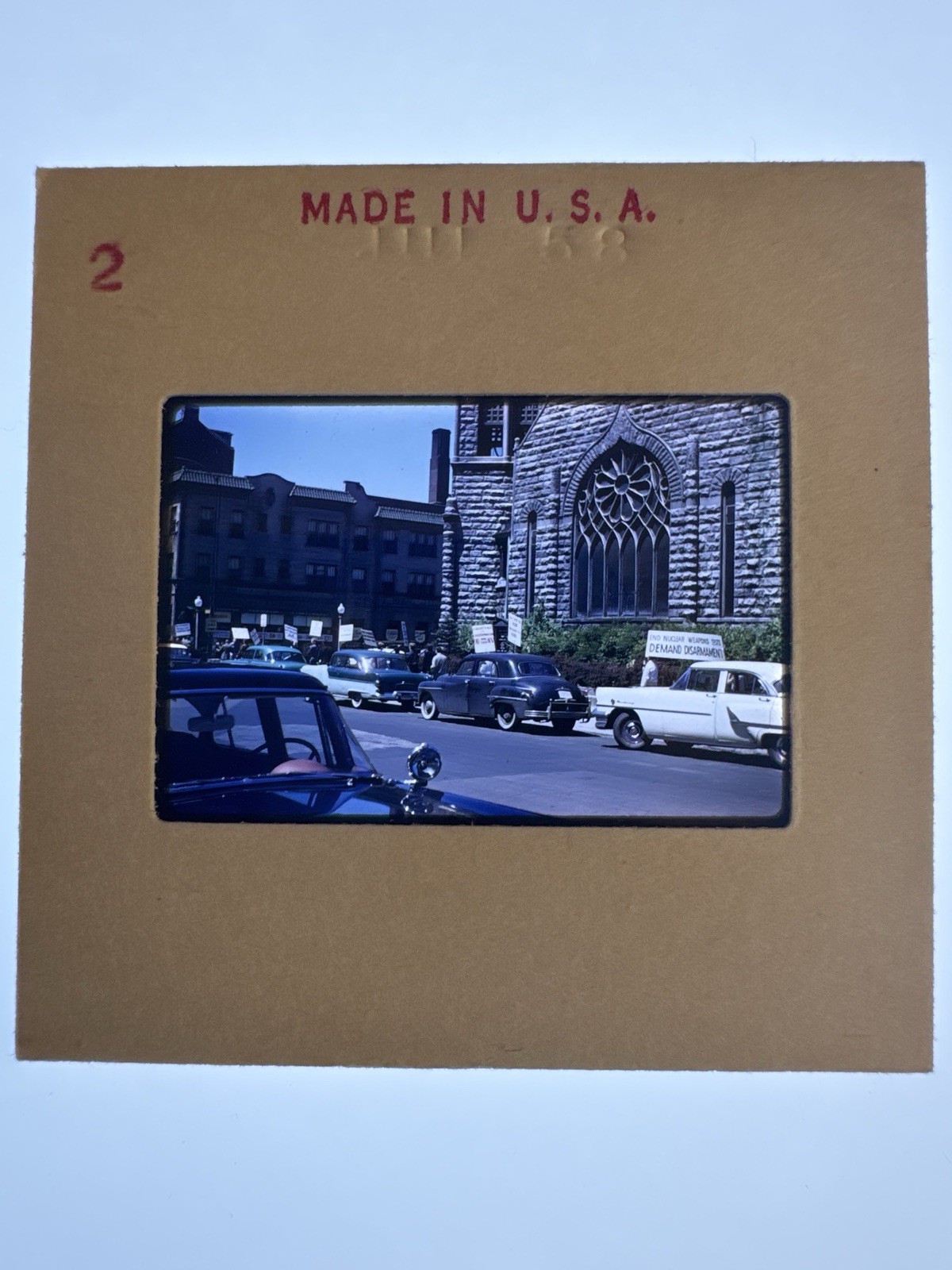 Vtg July 1958 Slide Nuclear Test Ban Protest Disarmament Sign Church Street Cars
