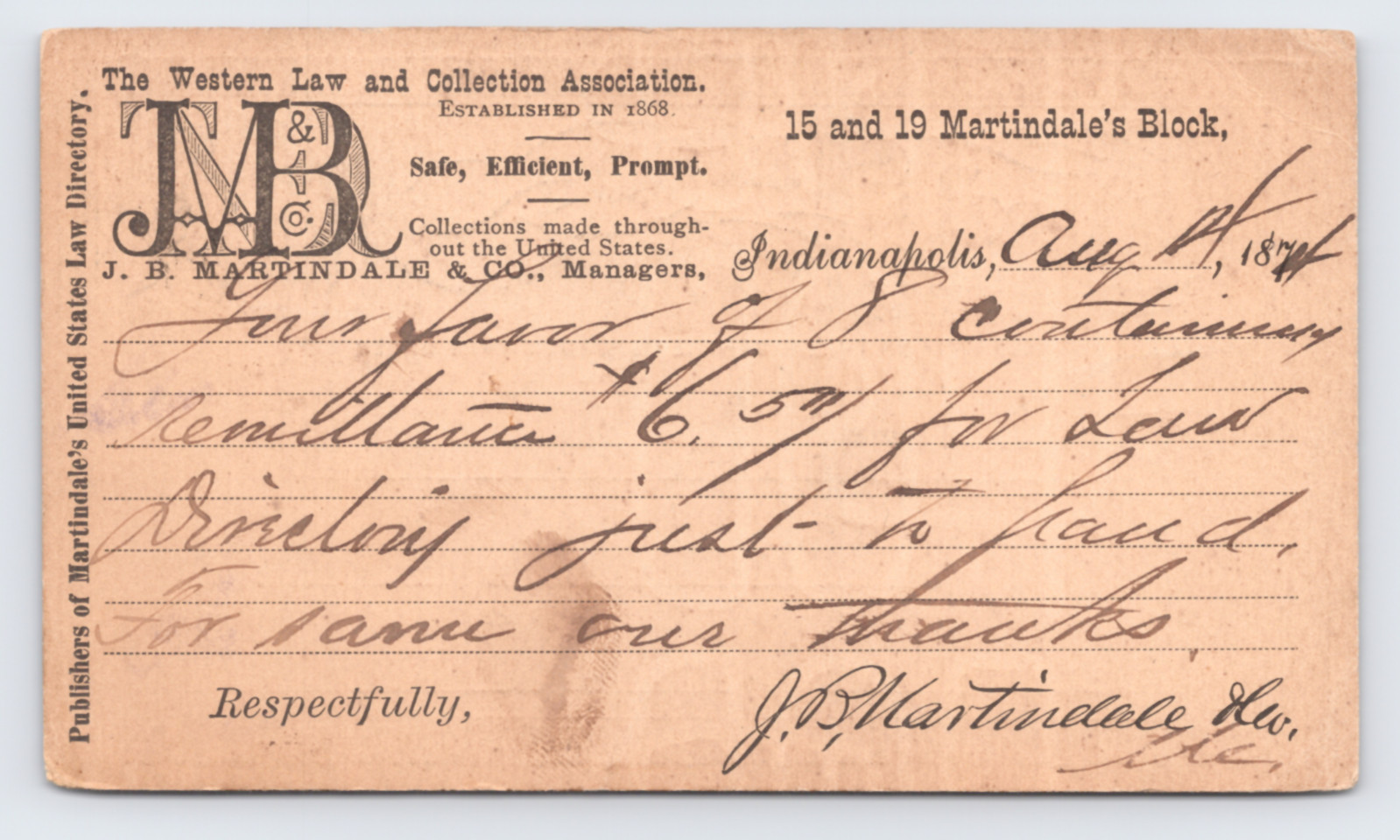 1874 J. B. Martindale & Co. Law Directory Trade Postal Card Indianapolis IN