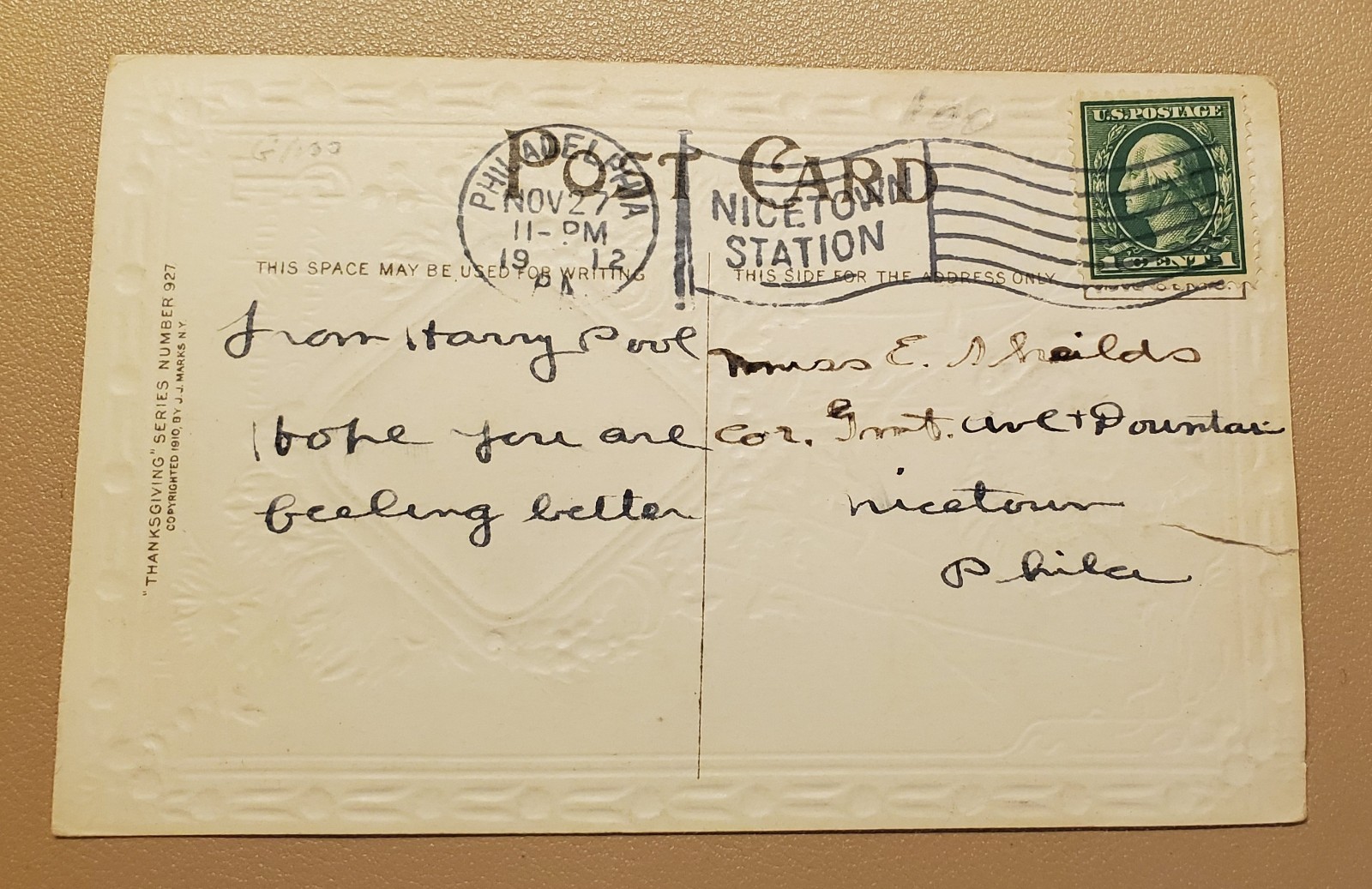 1912 PHILADELPHIA POST MARKED POSTCARD THANKSGIVING WASHINGTON NICETOWN STATION