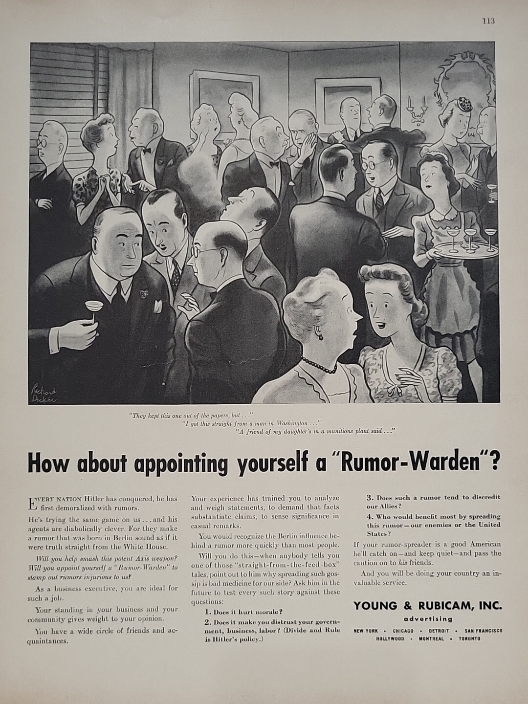 1942 Young & Rubicam, Inc. Fortune WW2 Print Ad Q3 Rumor Warden Agency Homefront
